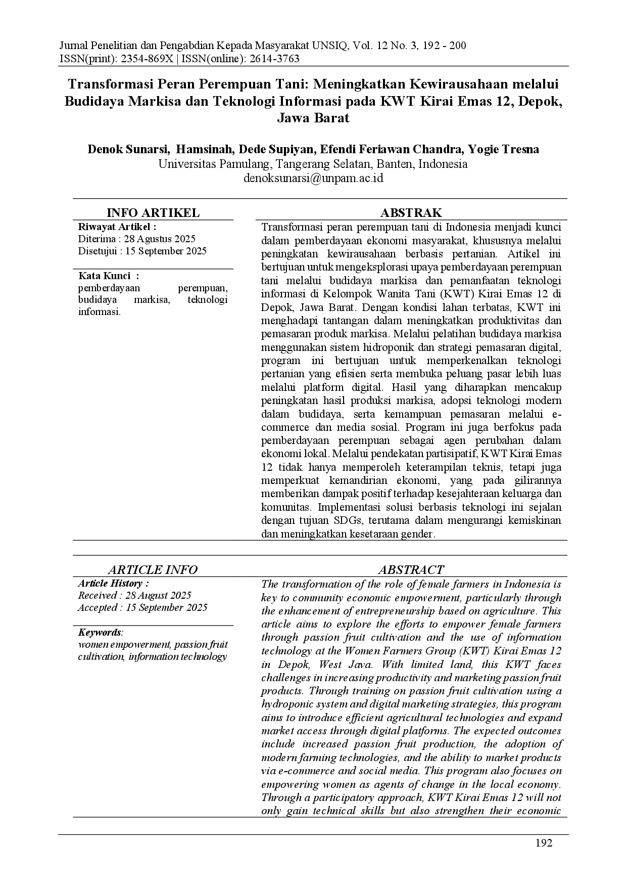 juris Transformasi Peran Perempuan Tani Meningkatkan Kewirausahaan melalui Budidaya Markisa dan Teknologi Informasi pada KWT Kirai Emas 12 Depok Jawa Barat