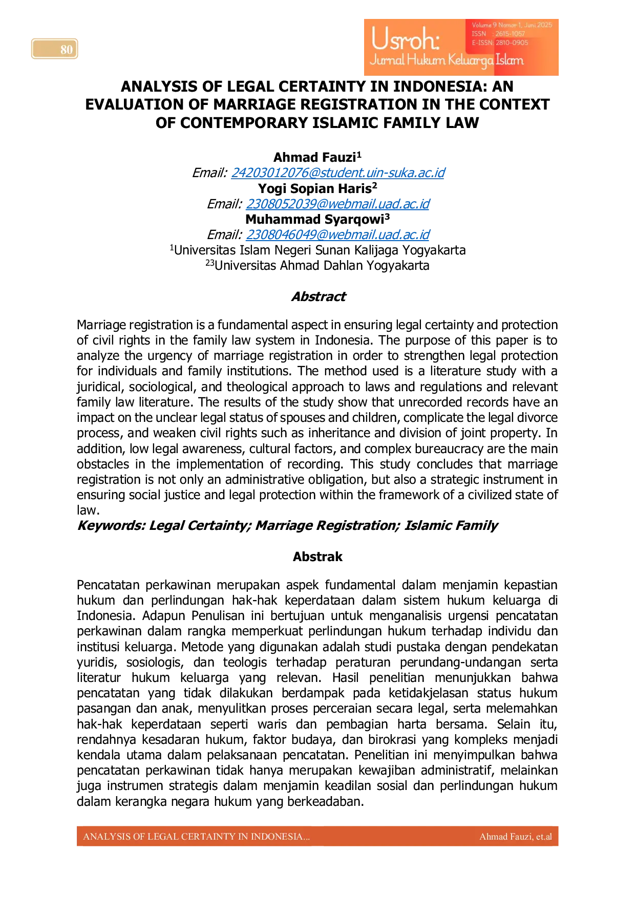 JURIS ANALYSIS OF LEGAL CERTAINTY IN INDONESIA AN EVALUATION OF MARRIAGE REGISTRATION IN THE CONTEXT OF CONTEMPORARY ISLAMIC FAMILY LAW