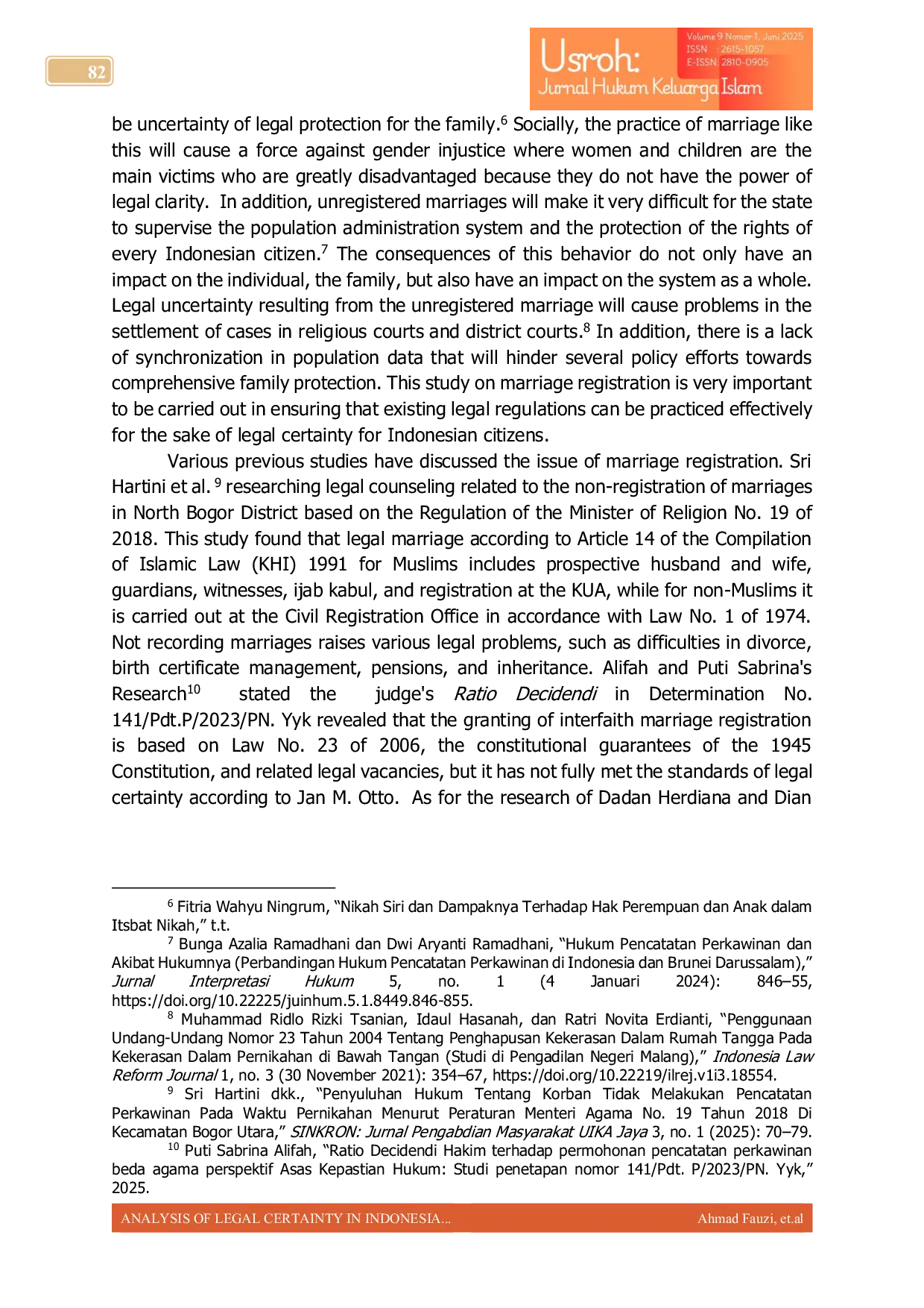 JURIS ANALYSIS OF LEGAL CERTAINTY IN INDONESIA AN EVALUATION OF MARRIAGE REGISTRATION IN THE CONTEXT OF CONTEMPORARY ISLAMIC FAMILY LAW