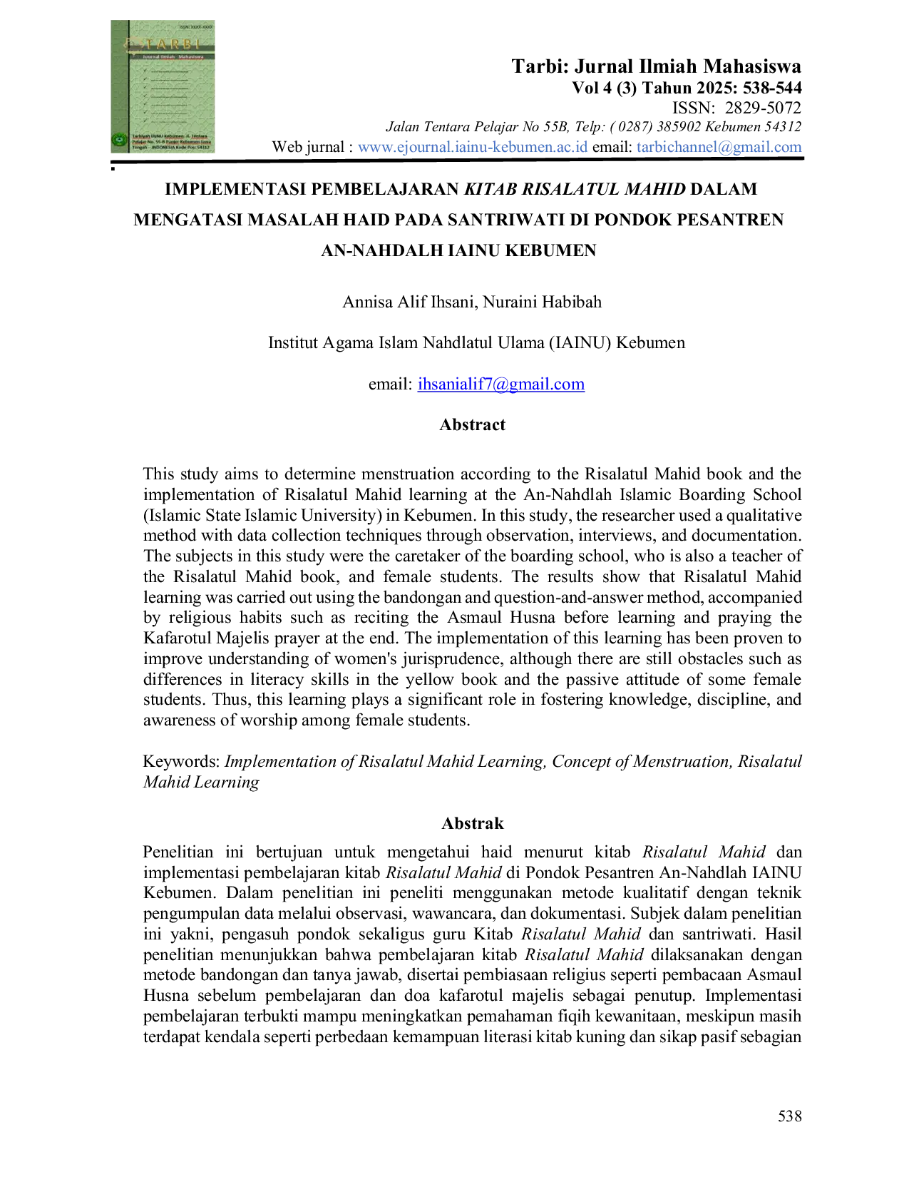 JURIS Implementasi Pembelajaran Kitab Risalatul Mahid dalam Mengatasi Masalah Haid Pada Santriwati Di Pondok Pesantren An Nahdalh IAINU Kebumen