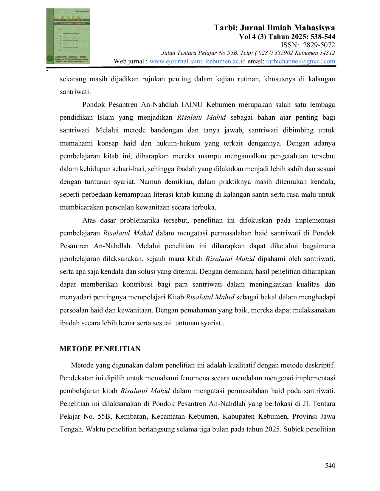 JURIS Implementasi Pembelajaran Kitab Risalatul Mahid dalam Mengatasi Masalah Haid Pada Santriwati Di Pondok Pesantren An Nahdalh IAINU Kebumen