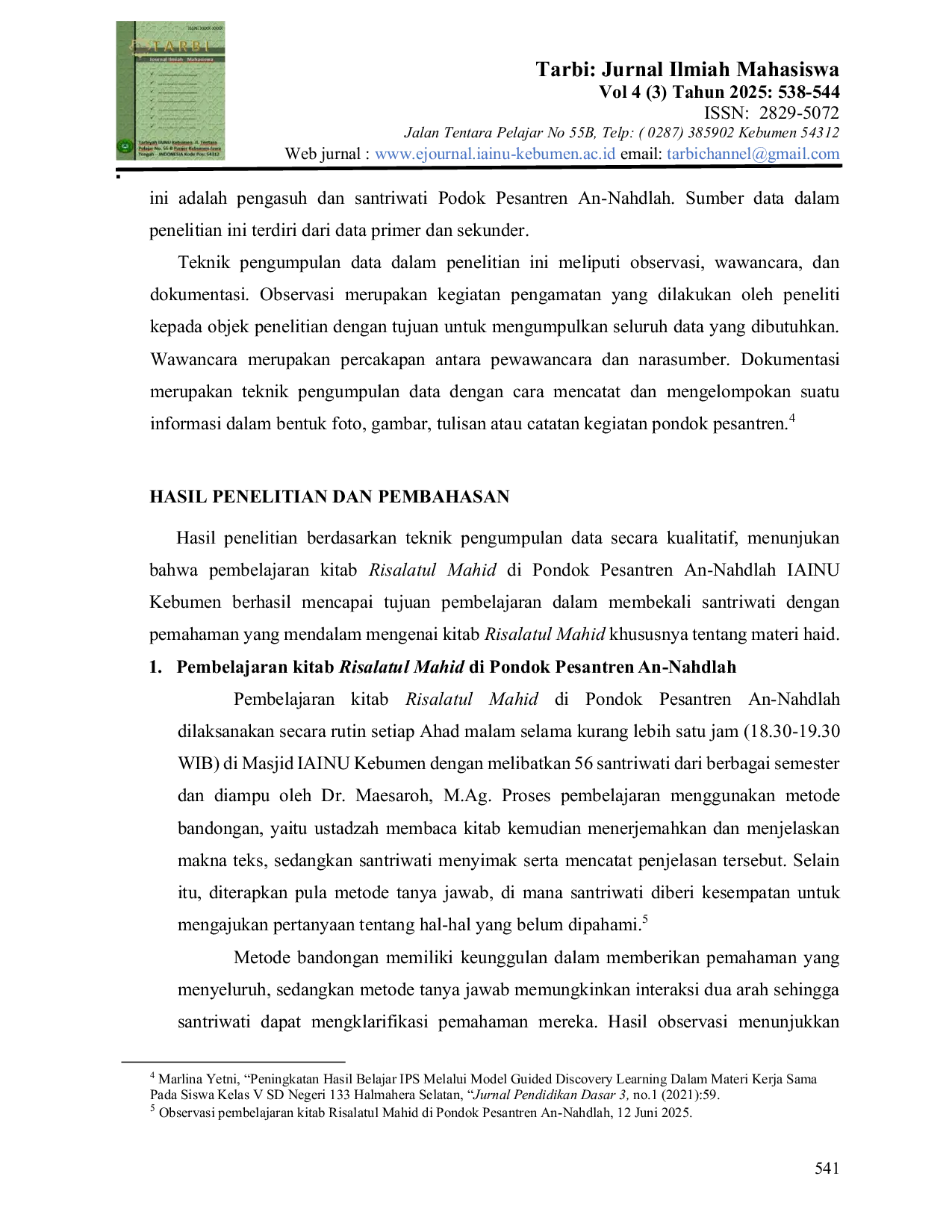 JURIS Implementasi Pembelajaran Kitab Risalatul Mahid dalam Mengatasi Masalah Haid Pada Santriwati Di Pondok Pesantren An Nahdalh IAINU Kebumen