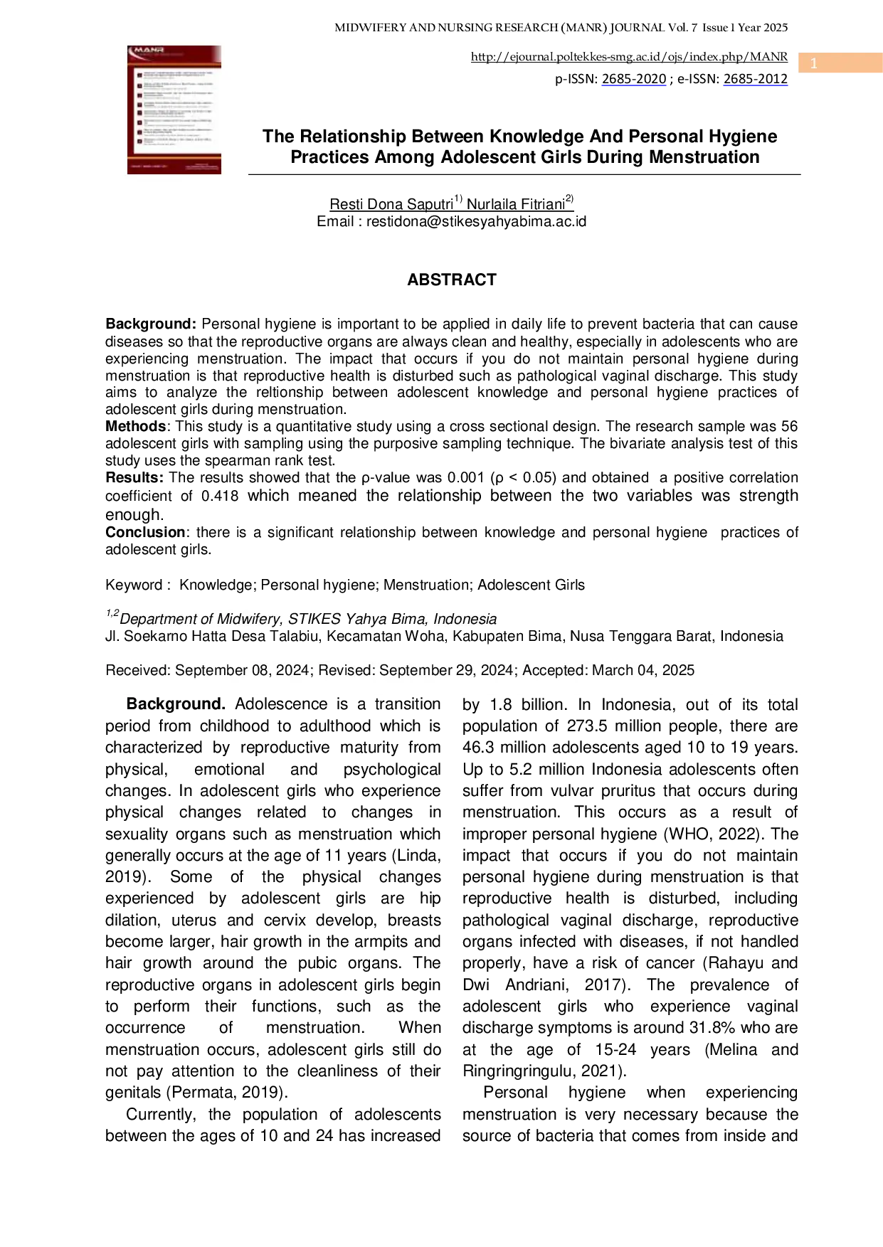 JURIS The Relationship Between Knowledge And Personal Hygiene Behavior Of Adolescent Girls During Menstruation