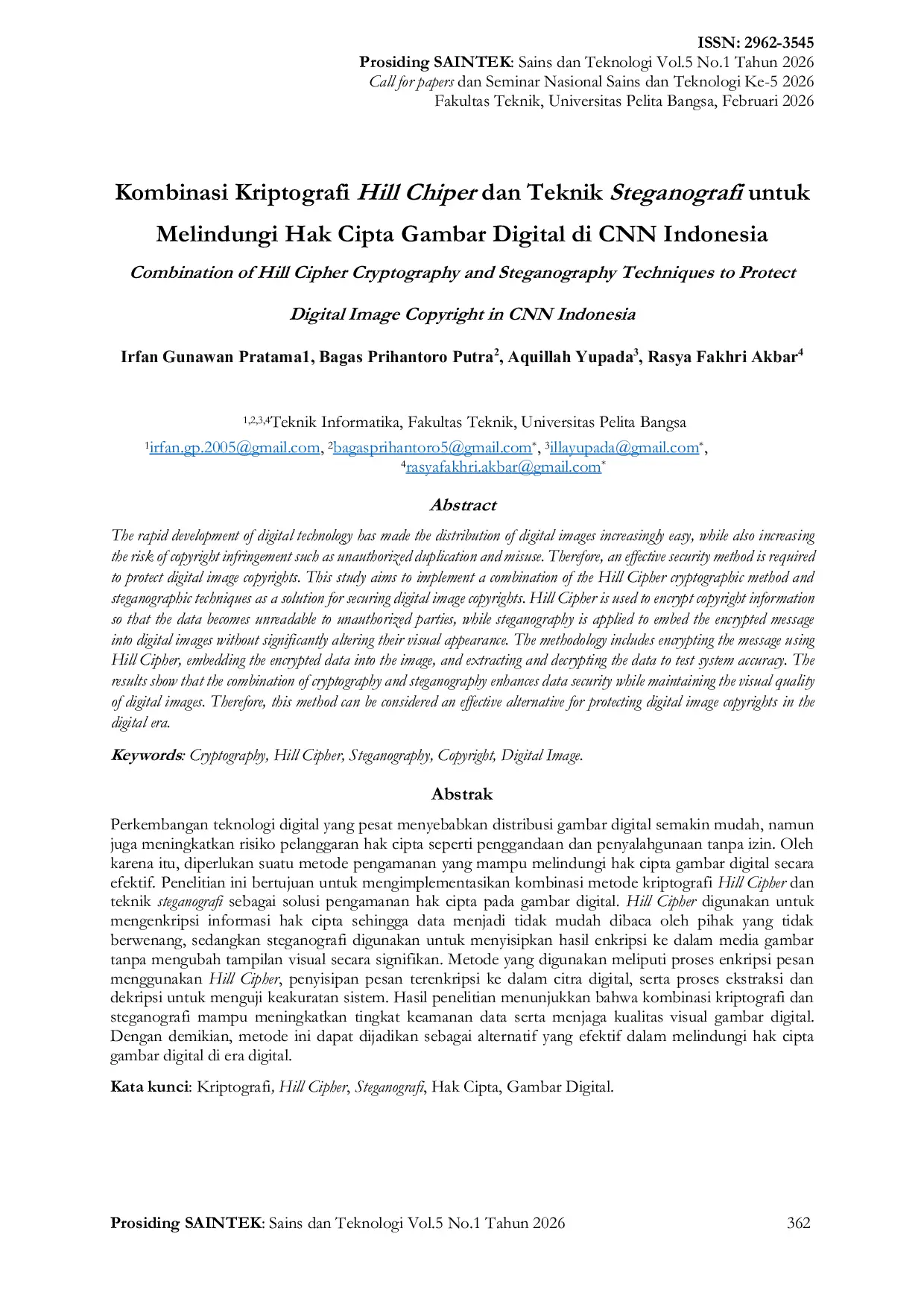 JURIS Kombinasi Kriptografi Hill Chipter dan Teknik Steganografi untuk Melindungi Hak Cipta Gambar Digital di CNN Indonesia