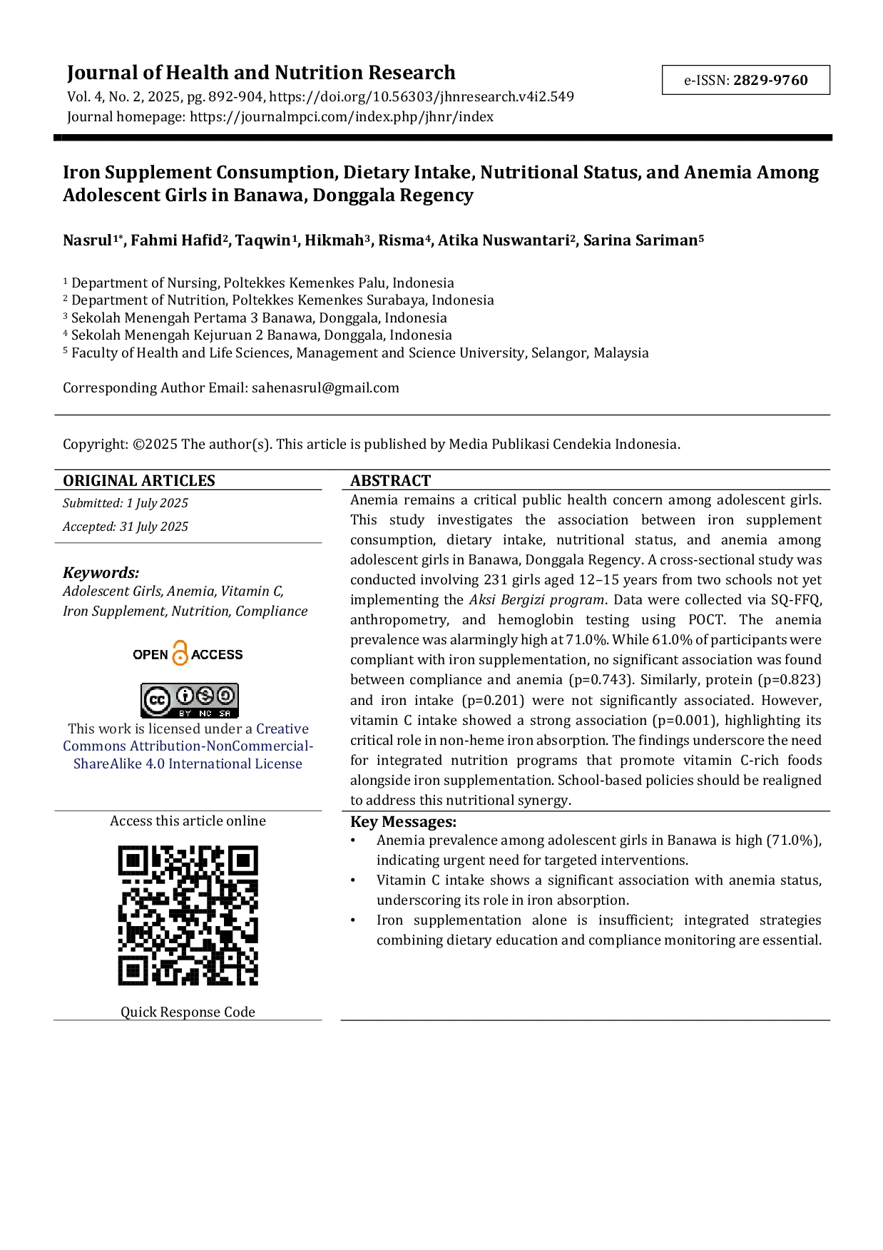 JURIS Iron Supplement Consumption Dietary Intake Nutritional Status and Anemia Among Adolescent Girls in Banawa Donggala Regency