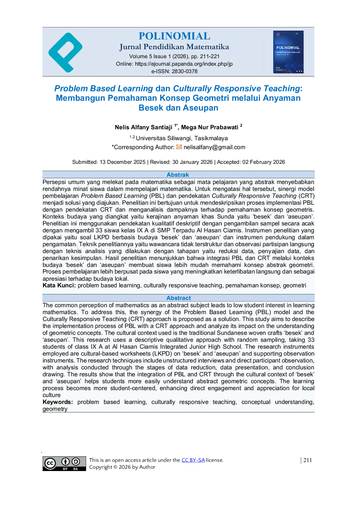 JURIS Problem Based Learning dan Culturally Responsive Teaching Membangun Pemahaman Konsep Geometri melalui Anyaman Besek dan Aseupan