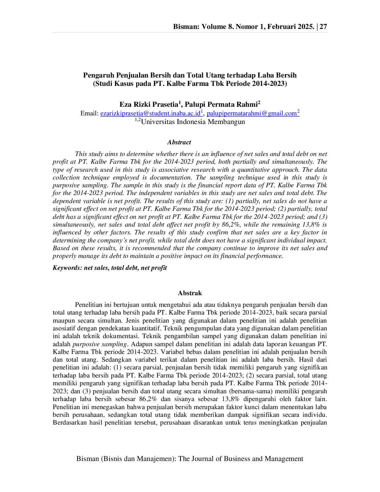 JURIS Pengaruh Penjualan Bersih dan Total Utang terhadap Laba Bersih