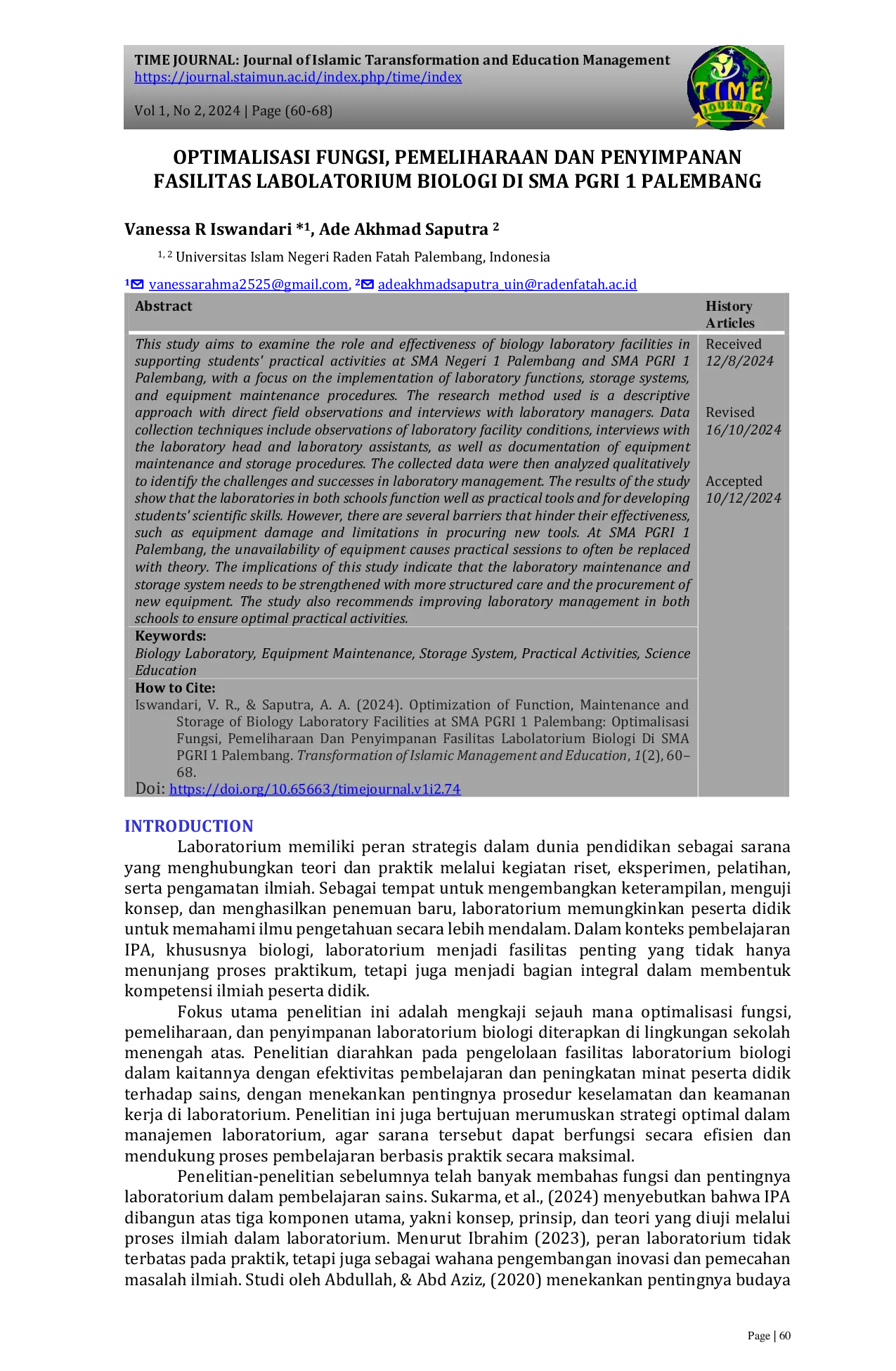 JURIS Optimization of Function Maintenance and Storage of Biology Laboratory Facilities at SMA PGRI 1 Palembang Optimalisasi Fungsi Pemeliharaan Dan Penyimpanan Fasilitas Labolatorium Biologi Di SMA PGRI