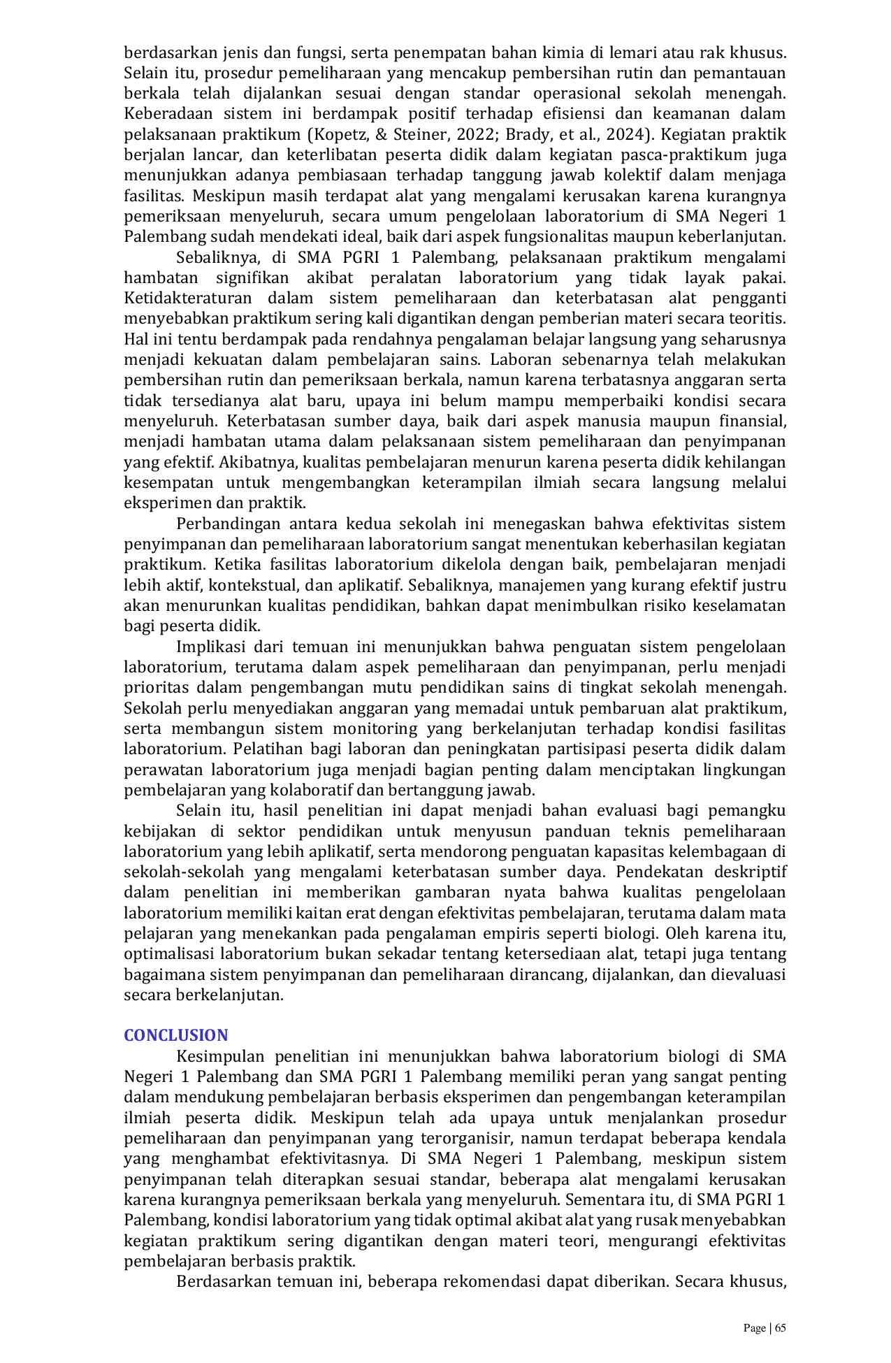 JURIS Optimization of Function Maintenance and Storage of Biology Laboratory Facilities at SMA PGRI 1 Palembang Optimalisasi Fungsi Pemeliharaan Dan Penyimpanan Fasilitas Labolatorium Biologi Di SMA PGRI