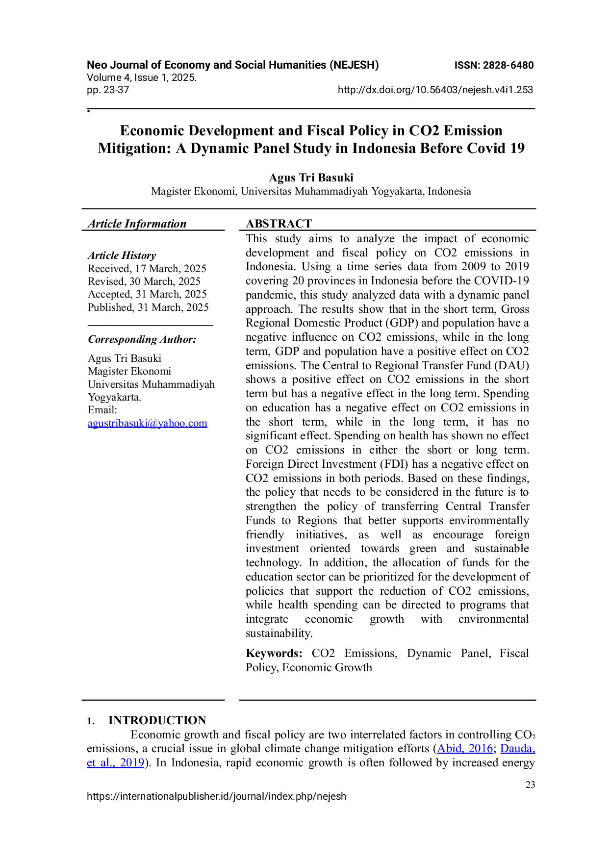 JURIS Economic Development and Fiscal Policy in CO2 Emission Mitigation A Dynamic Panel Study in Indonesia Before Covid 19