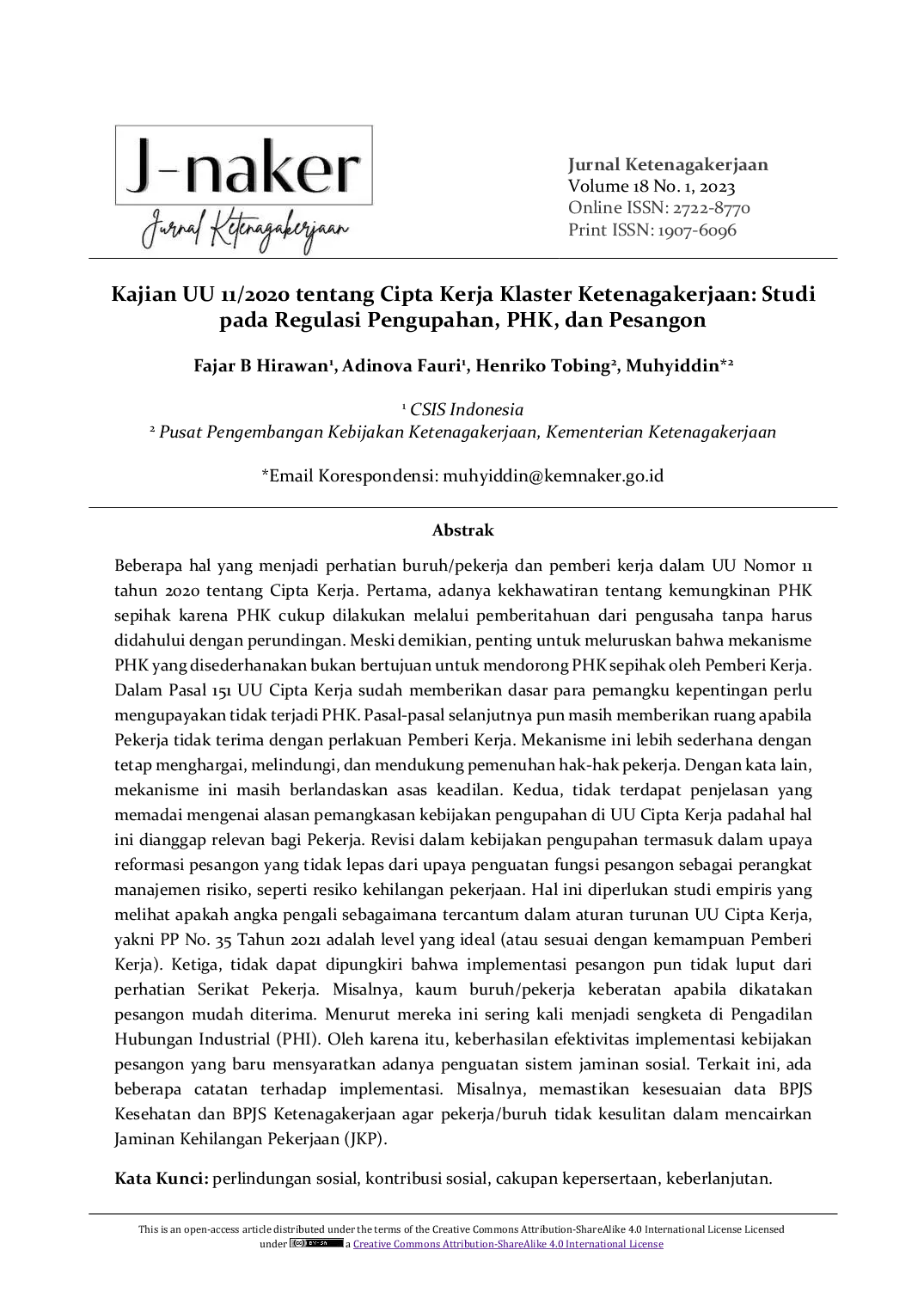 JURIS Kajian UU 11 2020 tentang Cipta Kerja Klaster Ketenagakerjaan Studi pada Regulasi Pengupahan PHK dan Pesangon