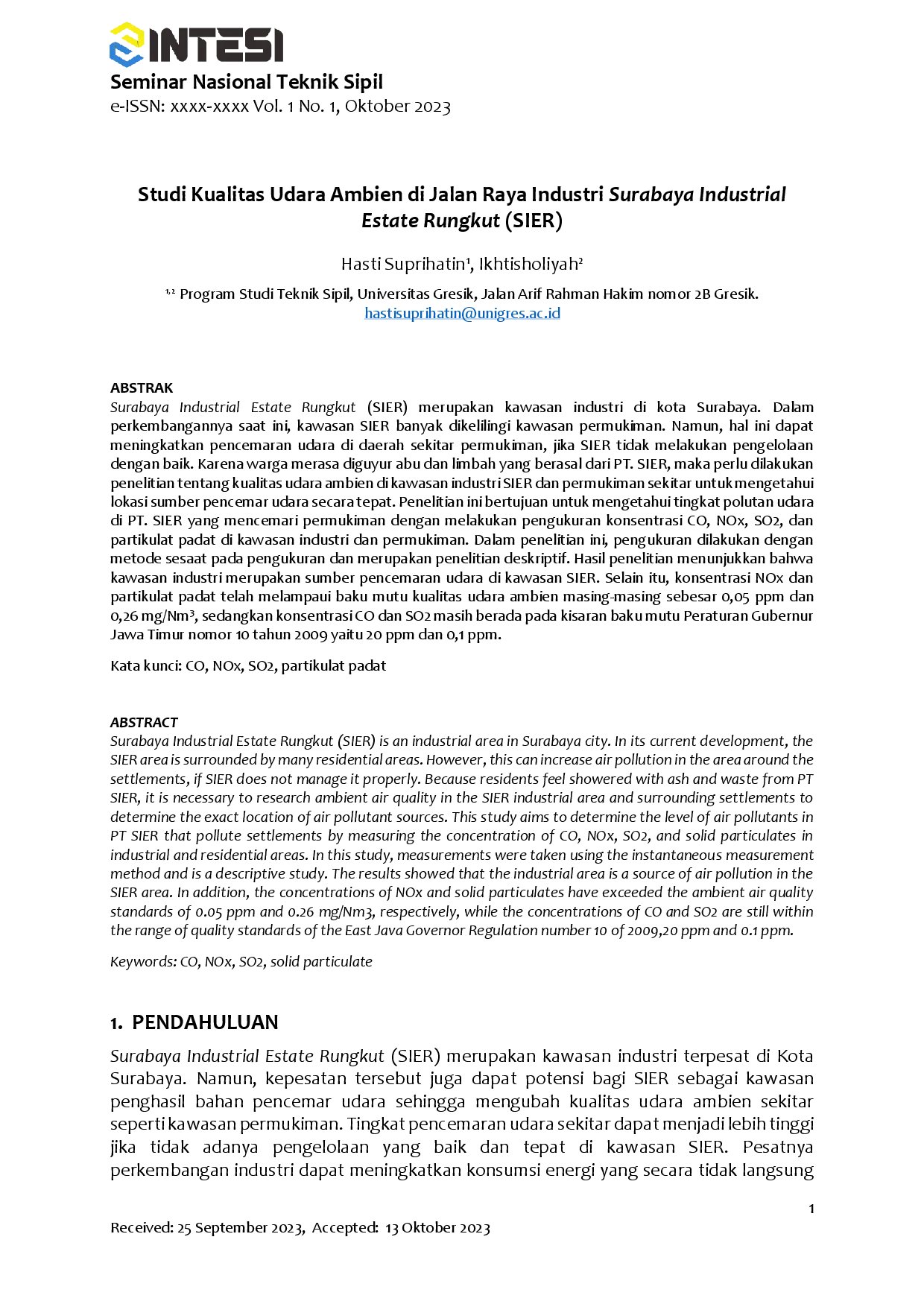 juris Studi Kualitas Udara Ambien di Jalan Raya Industri Surabaya Industrial Estate Rungkut SIER