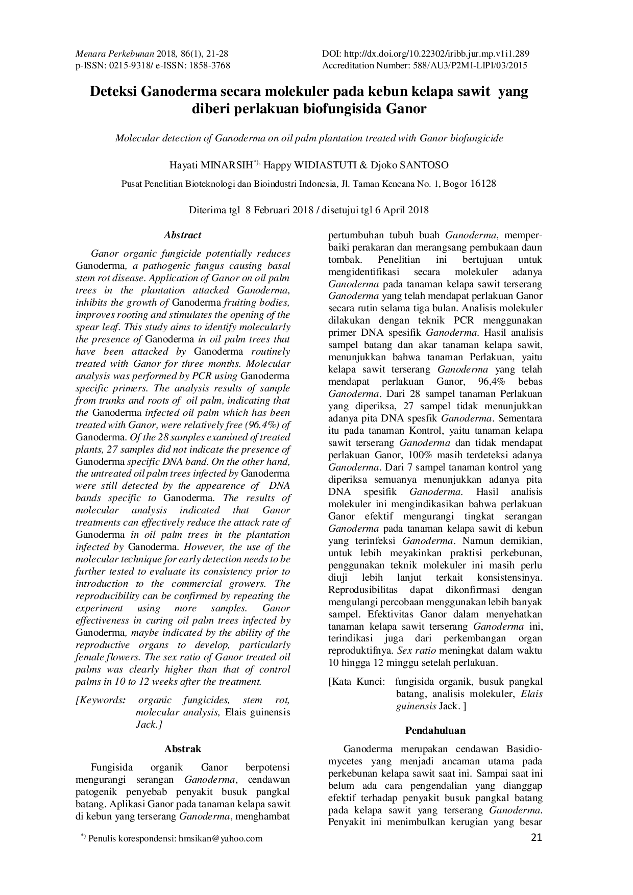 JURIS Deteksi Ganoderma Secara Molekuler Pada Kebun Kelapa Sawit Yang Diberi Perlakuan Biofungisida Ganor