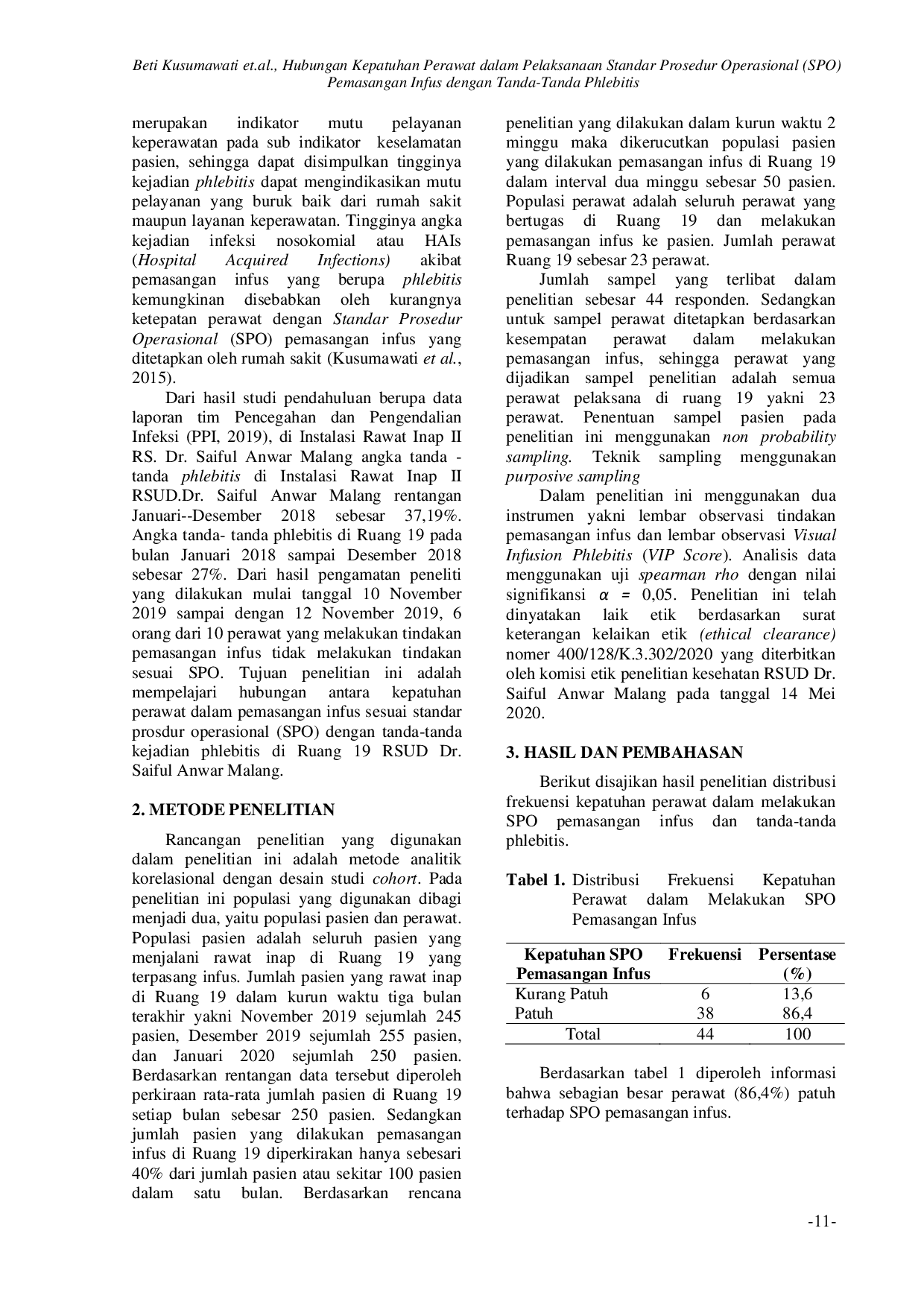 JURIS Hubungan Kepatuhan Perawat dalam Pelaksanaan Standar Prosedur Operasional SPO Pemasangan Infus dengan Tanda Tanda Phlebitis