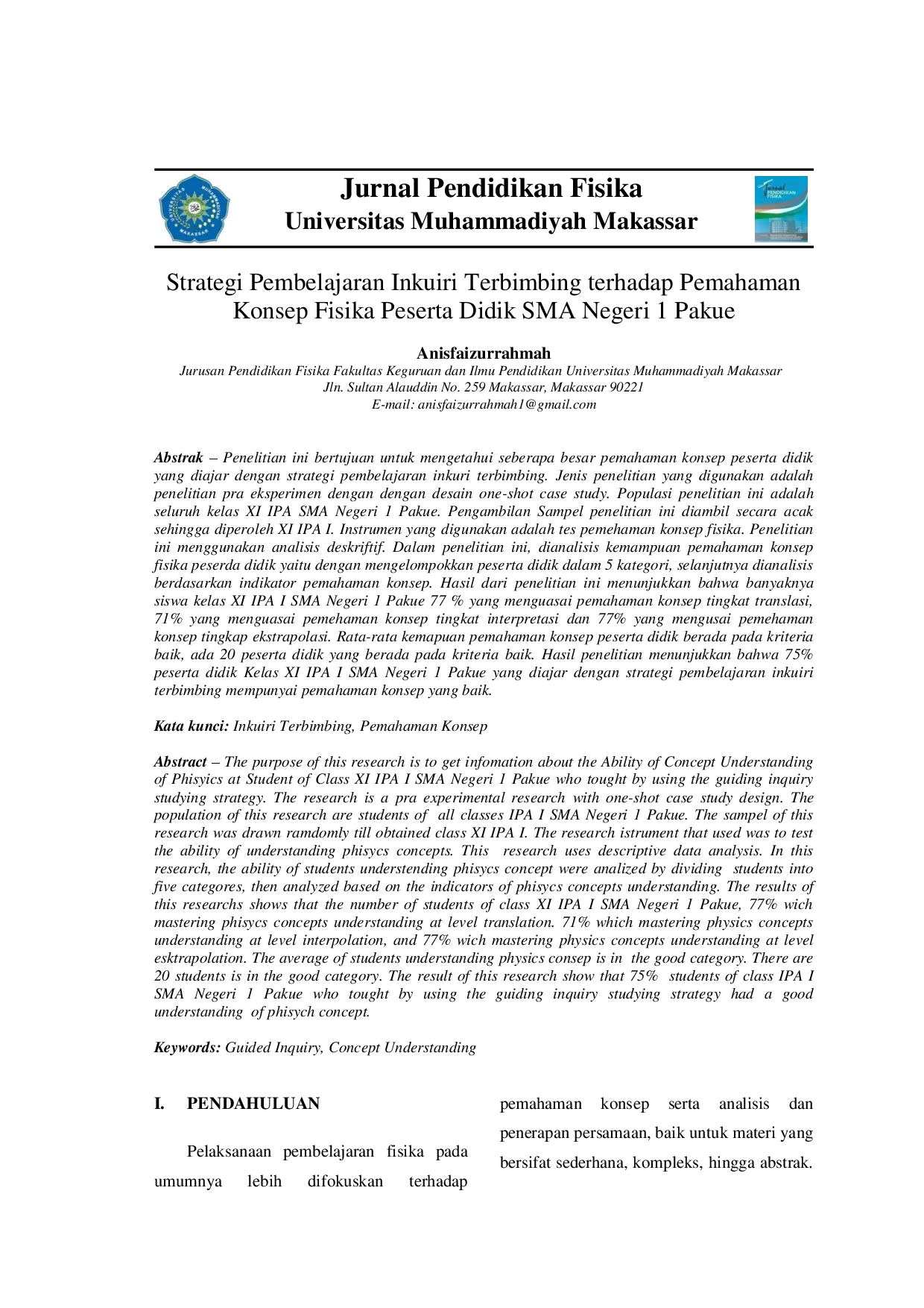 juris Strategi Pembelajaran Inkuiri Terbimbing terhadap Pemahaman Konsep Fisika Peserta Didik SMA Negeri 1 Pakue