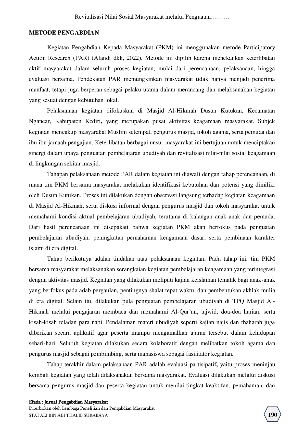 JURIS Revitalisasi Nilai Sosial Masyarakat melalui Penguatan Pembelajaran Ubudiyah di Dusun Kutukan Kecamatan Ngancar Kabupaten Kediri