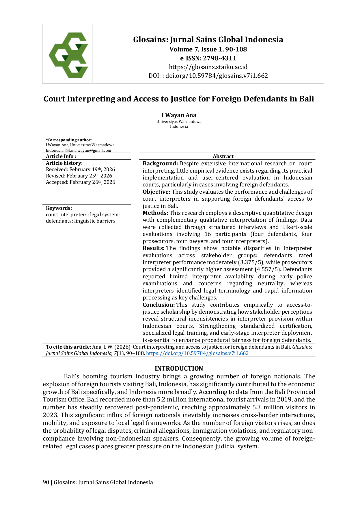 JURIS Court Interpreting and Access to Justice for Foreign Defendants in Bali