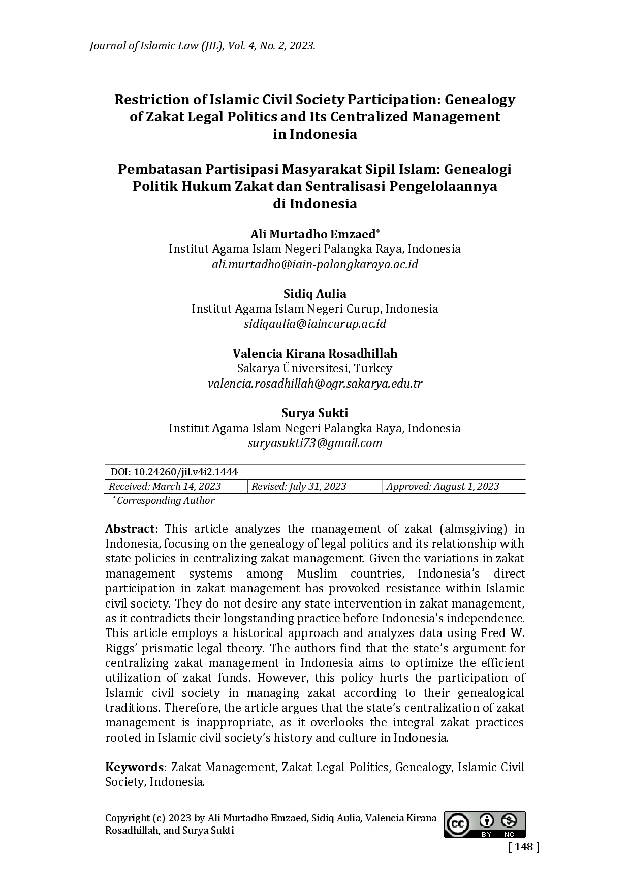 juris Restriction of Islamic Civil Society Participation Genealogy of Zakat Legal Politics and Its Centralized Management in Indonesia