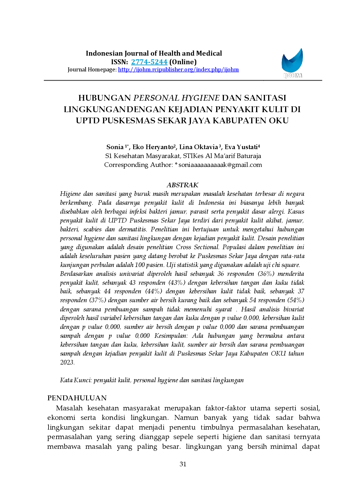 juris Hubungan Personal Hygiene Dan Sanitasi Lingkungan Dengan Kejadian Penyakit Kulit Di Uptd Puskesmas Sekar Jaya Kabupaten Oku