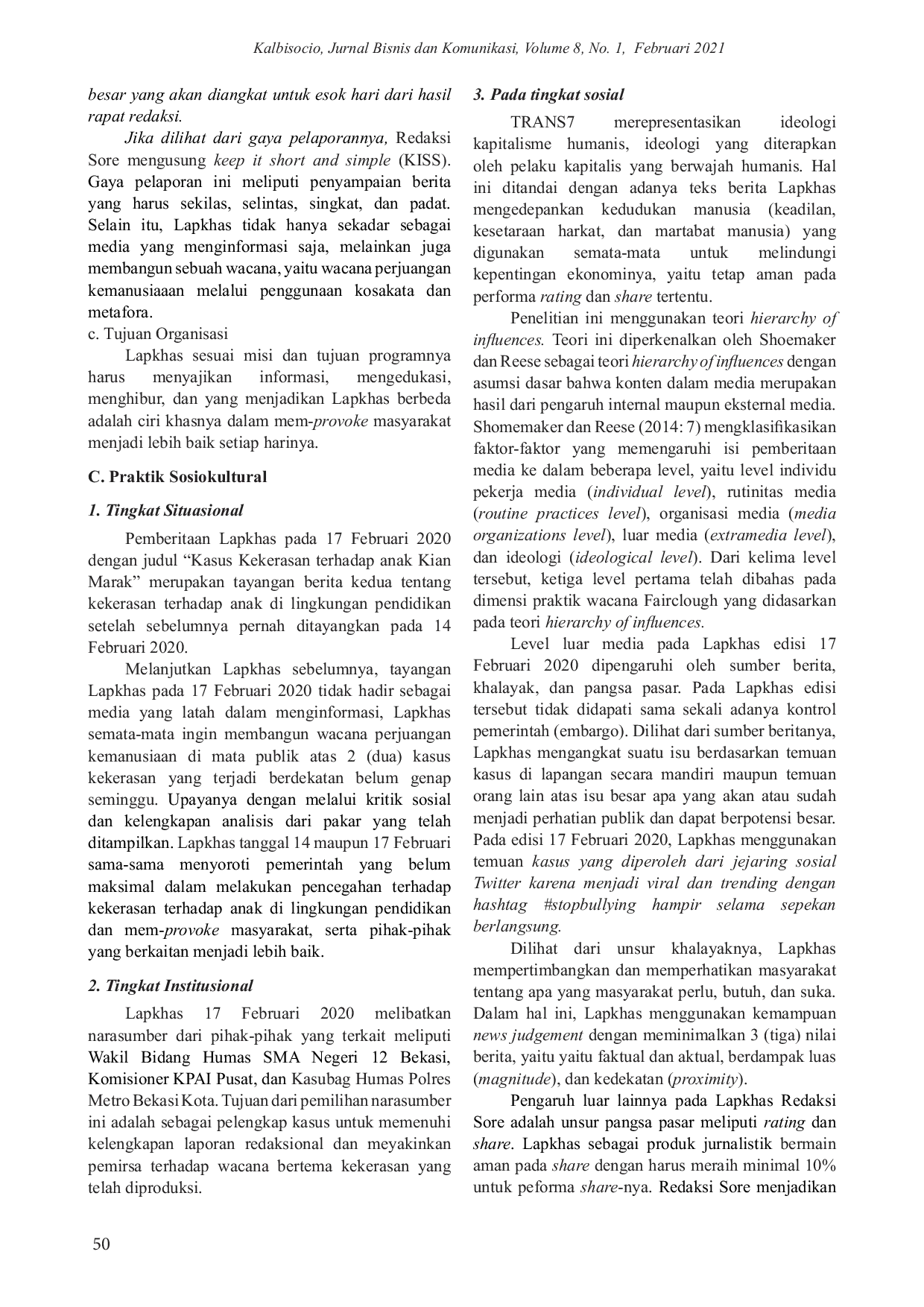 JURIS Wacana Kekerasan terhadap Anak di Lingkungan Pendidikan pada Laporan Khas Redaksi Sore TRANS7 Episode 17 Februari 2020