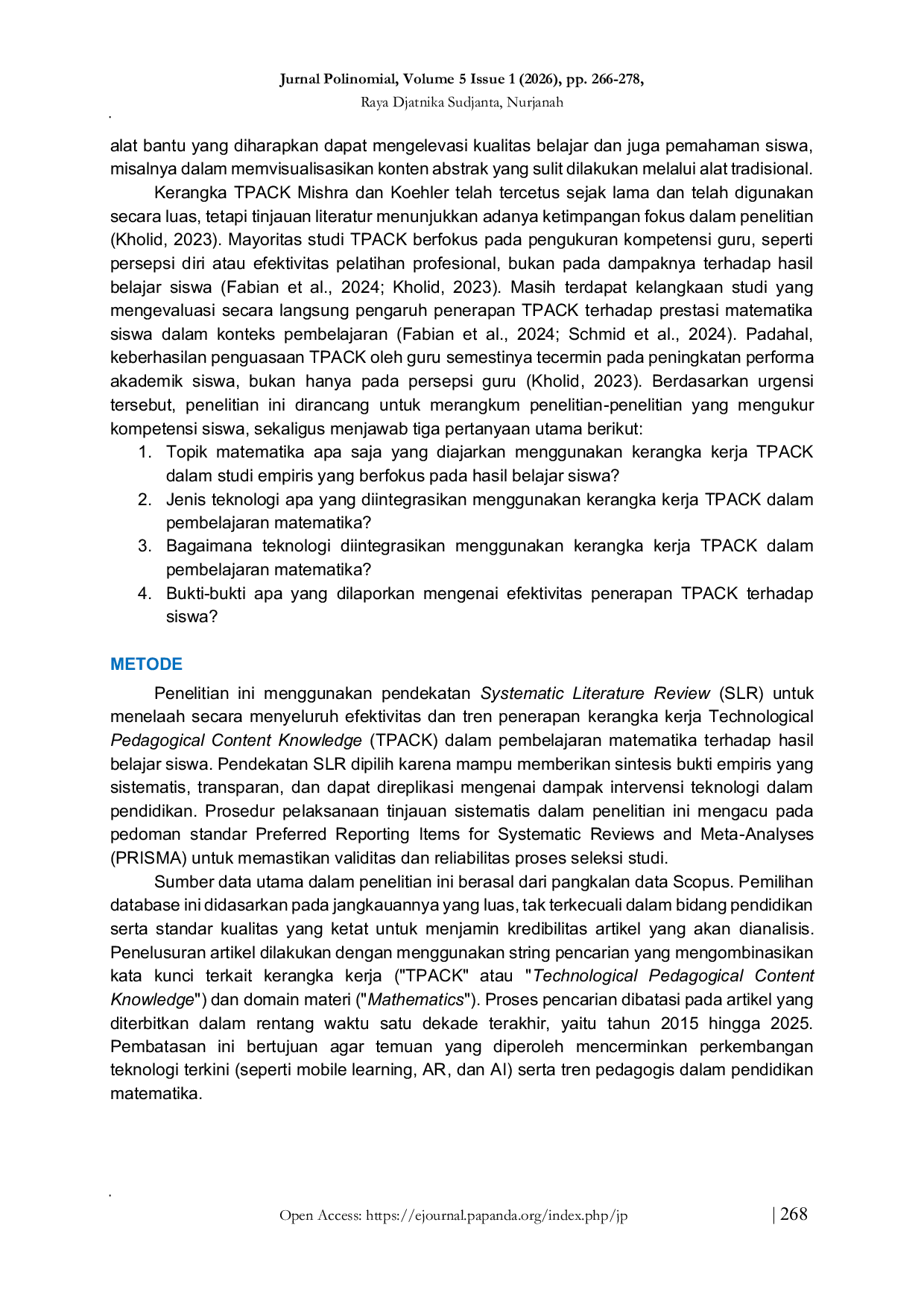 JURIS Implementasi dan Pengaruh Kerangka Kerja TPACK dalam Pendidikan Matematika Sebuah Tinjauan Literatur Sistematis