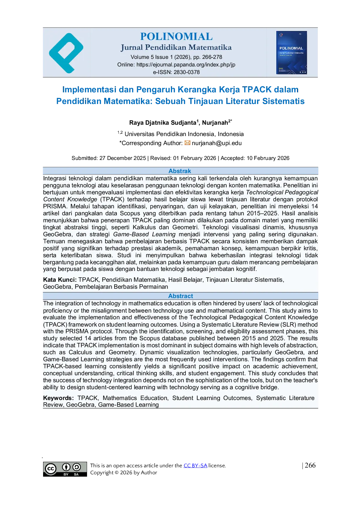 JURIS Implementasi dan Pengaruh Kerangka Kerja TPACK dalam Pendidikan Matematika Sebuah Tinjauan Literatur Sistematis