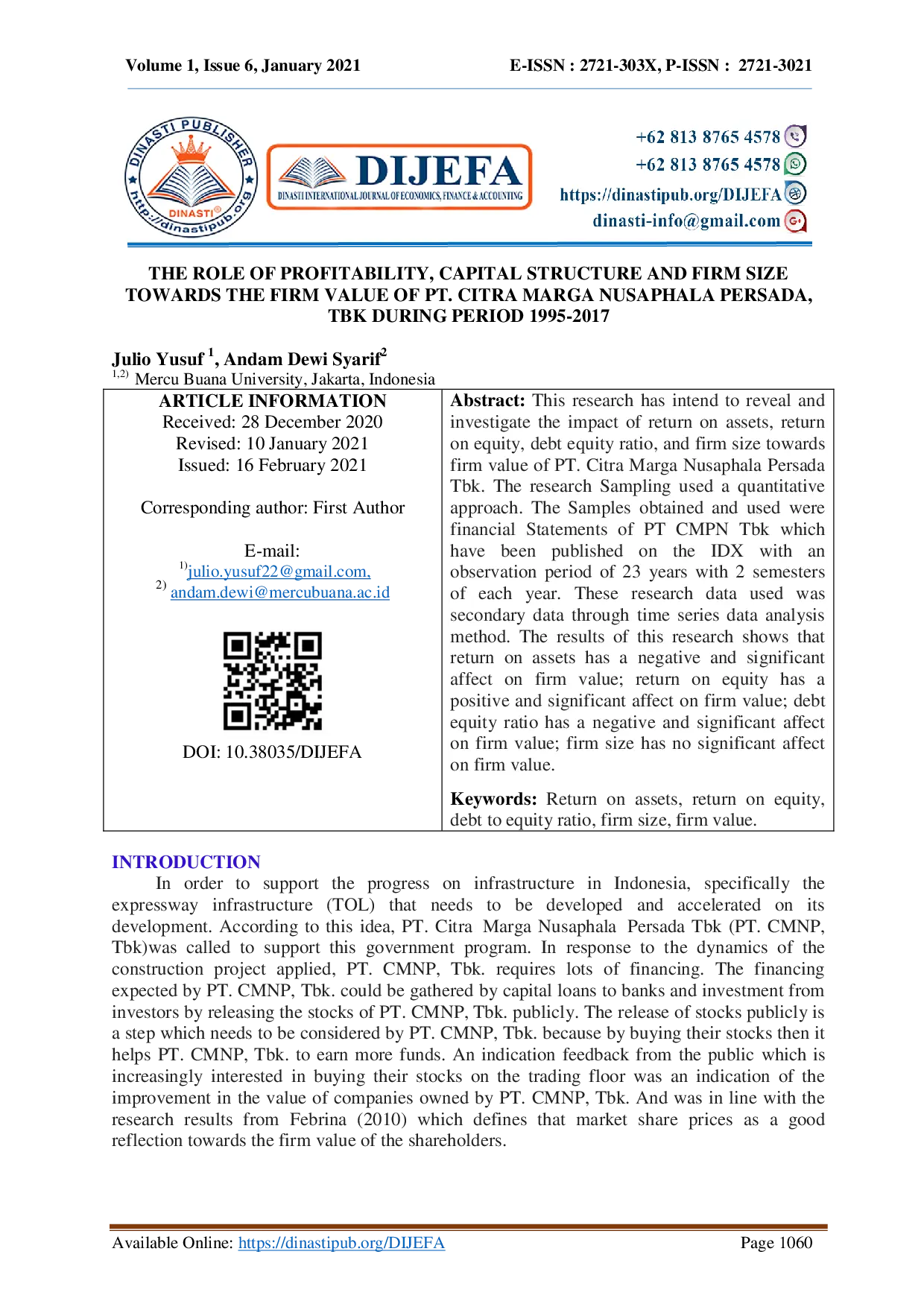 juris The Role Of Profitability Capital Structure And Firm Size Towards The Firm Value Of Pt Citra Marga Nusaphala Persada Tbk During Period 1995 2017