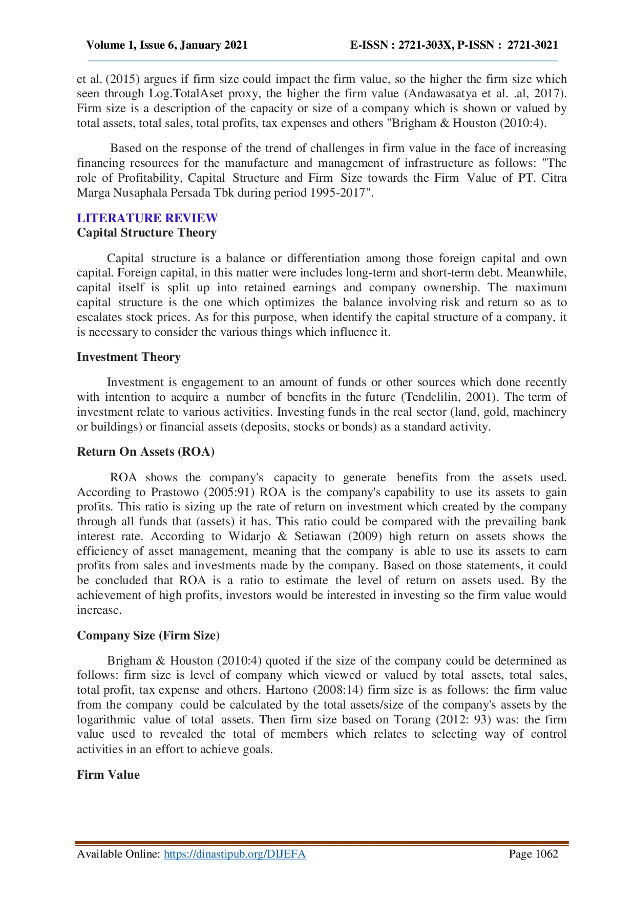 juris The Role Of Profitability Capital Structure And Firm Size Towards The Firm Value Of Pt Citra Marga Nusaphala Persada Tbk During Period 1995 2017