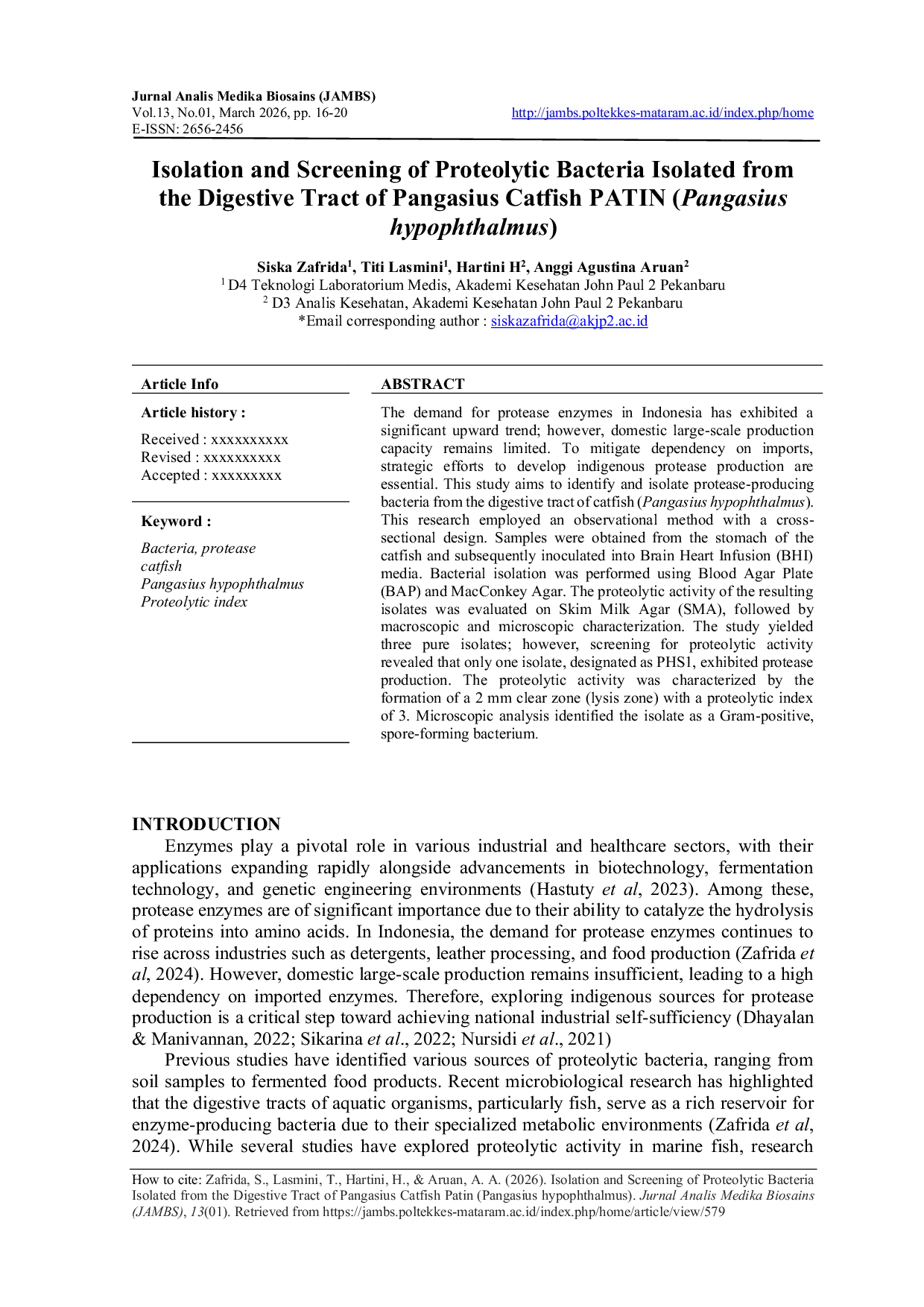 JURIS Isolation and Screening of Proteolytic Bacteria Isolated from the Digestive Tract of Pangasius Catfish Patin Pangasius hypophthalmus
