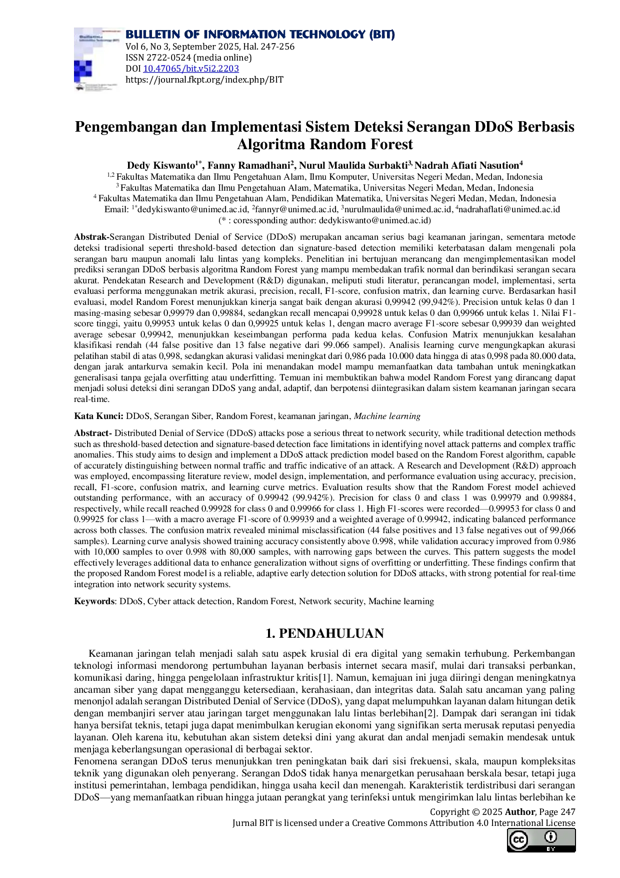 JURIS Pengembangan Dan Implementasi Sistem Deteksi Serangan Ddos Berbasis Algoritma Random Forest