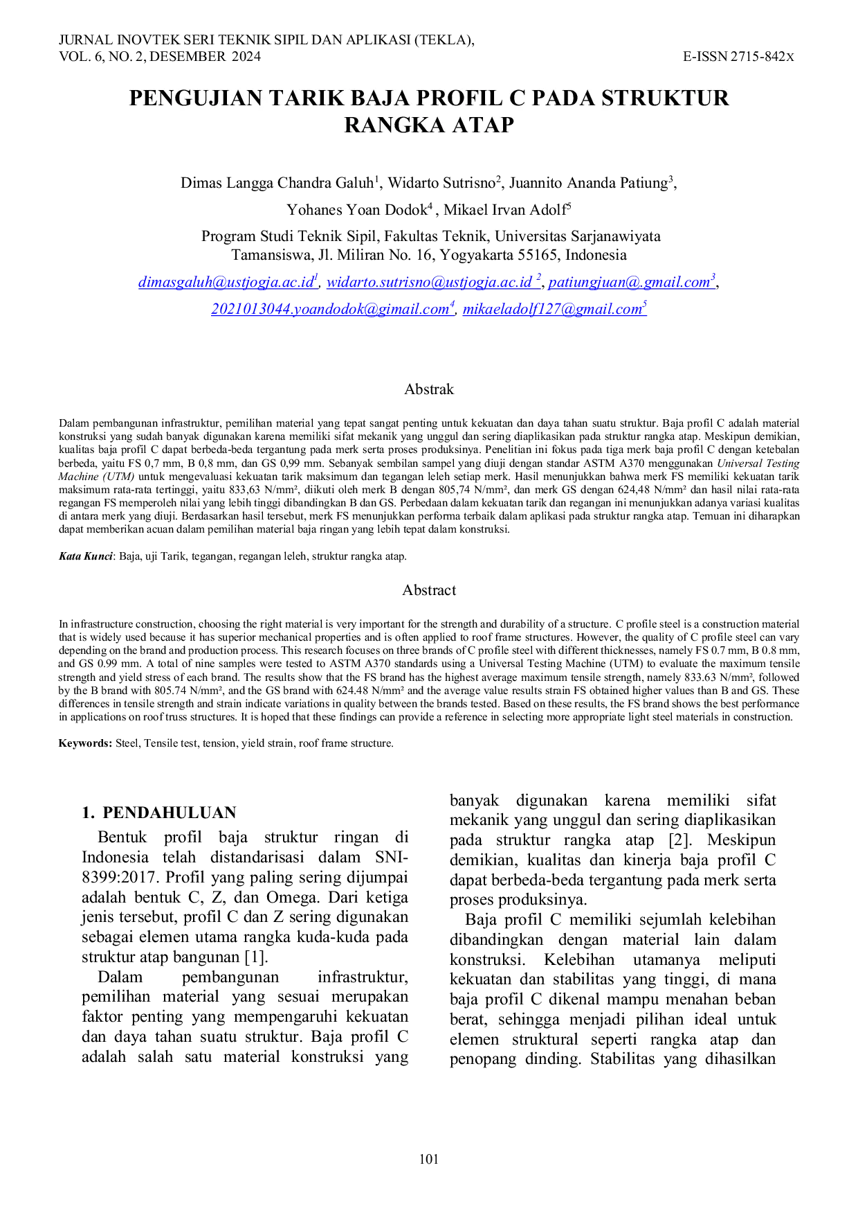 JURIS Pengujian Tarik Baja Profil C Pada Struktur Rangka Atap