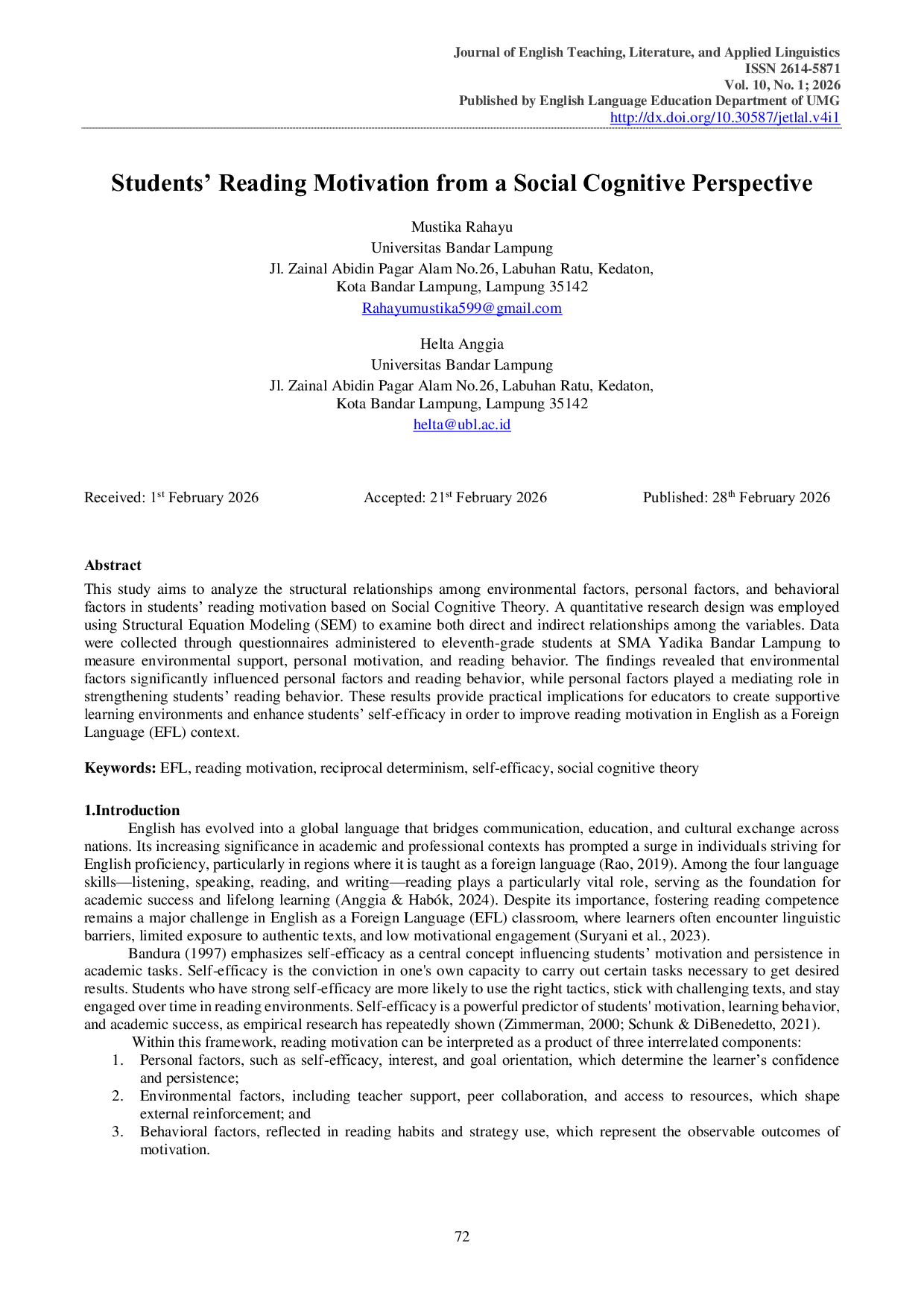 JURIS Students Reading Motivation From A Social Cognitive Perspective