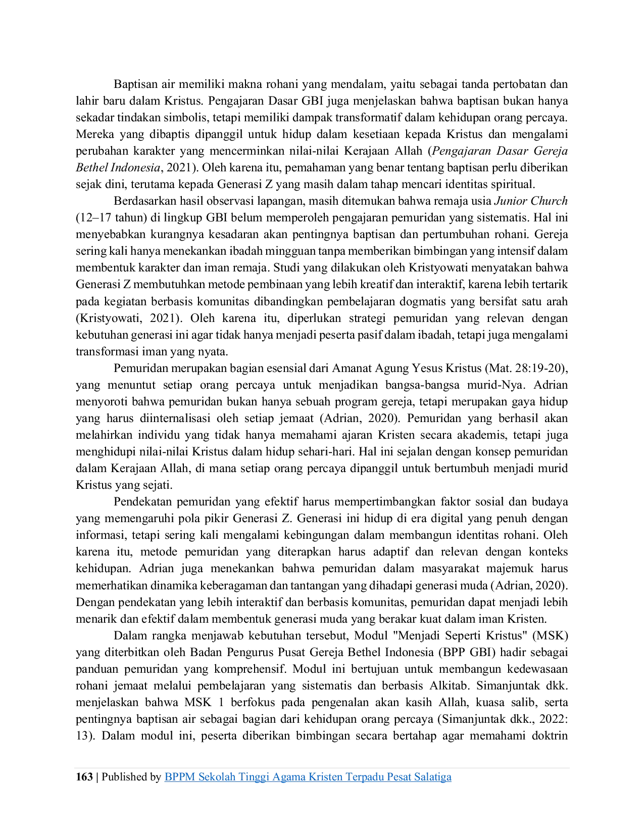 JURIS Pemuridan melalui Program Menjadi Seperti Kristus MSK 1 GBI untuk Mempersiapkan Baptisan Generasi Z bagi Pertumbuhan Gereja