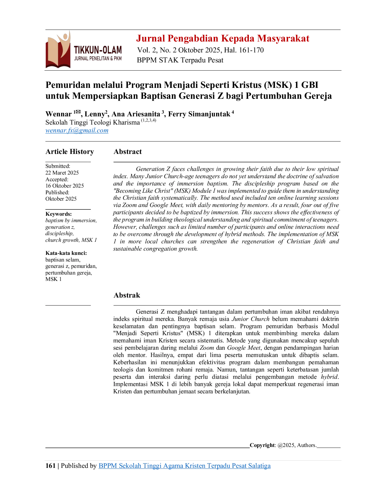 JURIS Pemuridan melalui Program Menjadi Seperti Kristus MSK 1 GBI untuk Mempersiapkan Baptisan Generasi Z bagi Pertumbuhan Gereja