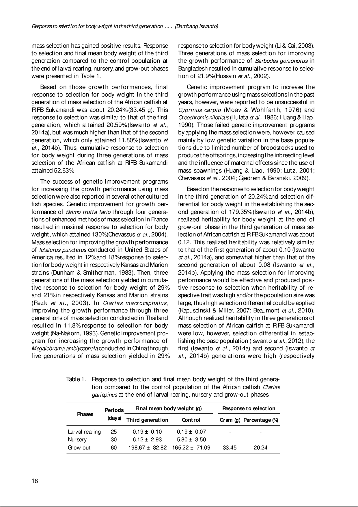 juris RESPONSE TO SELECTION FOR BODY WEIGHT IN THE THIRD GENERATION OF MASS SELECTION OF THE AFRICAN CATFISH Clarias gariepinus AT RESEARCH INSTITUTE FOR FISH BREEDING SUKAMANDI
