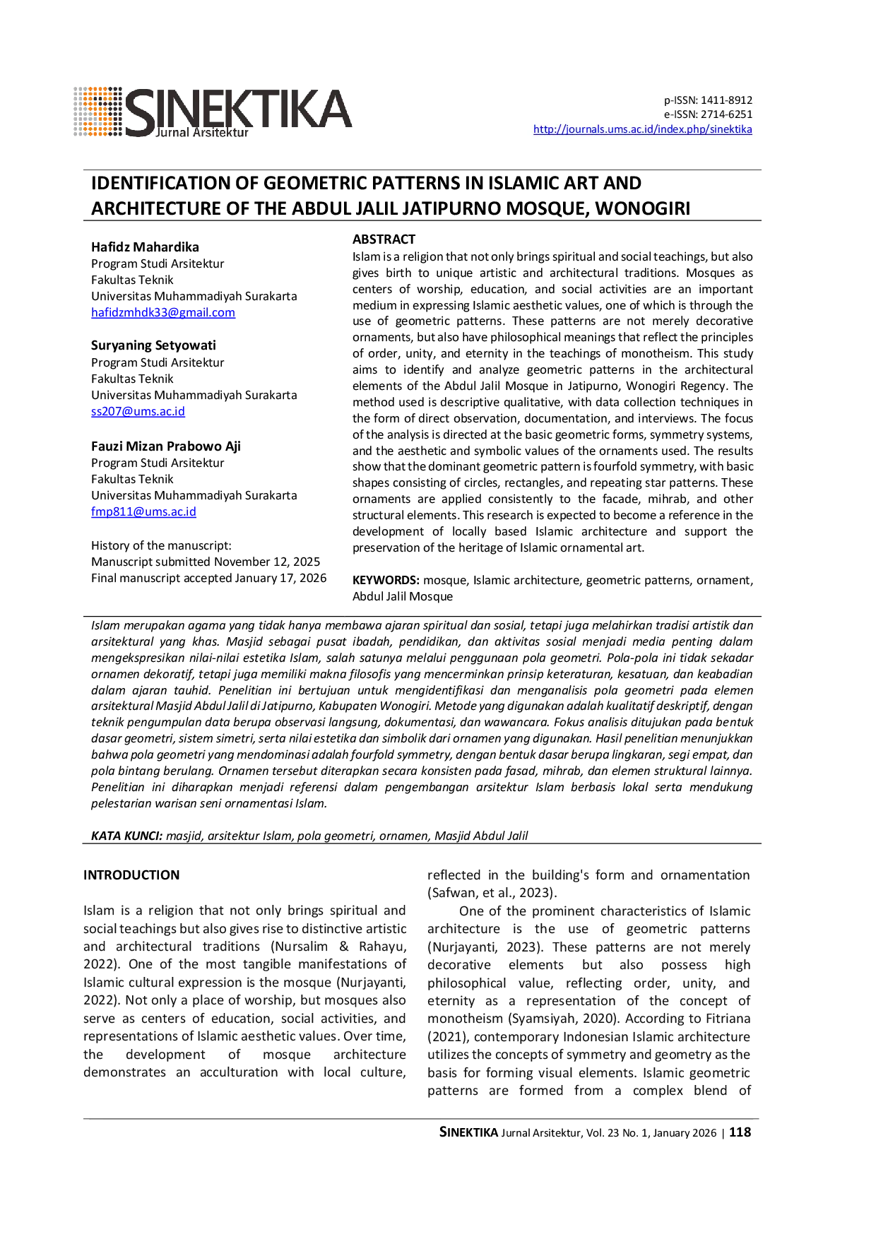 JURIS Identification of Geometric Patterns in Islamic Art and Architecture of The Abdul Jalil Jatipurno Mosque Wonogiri
