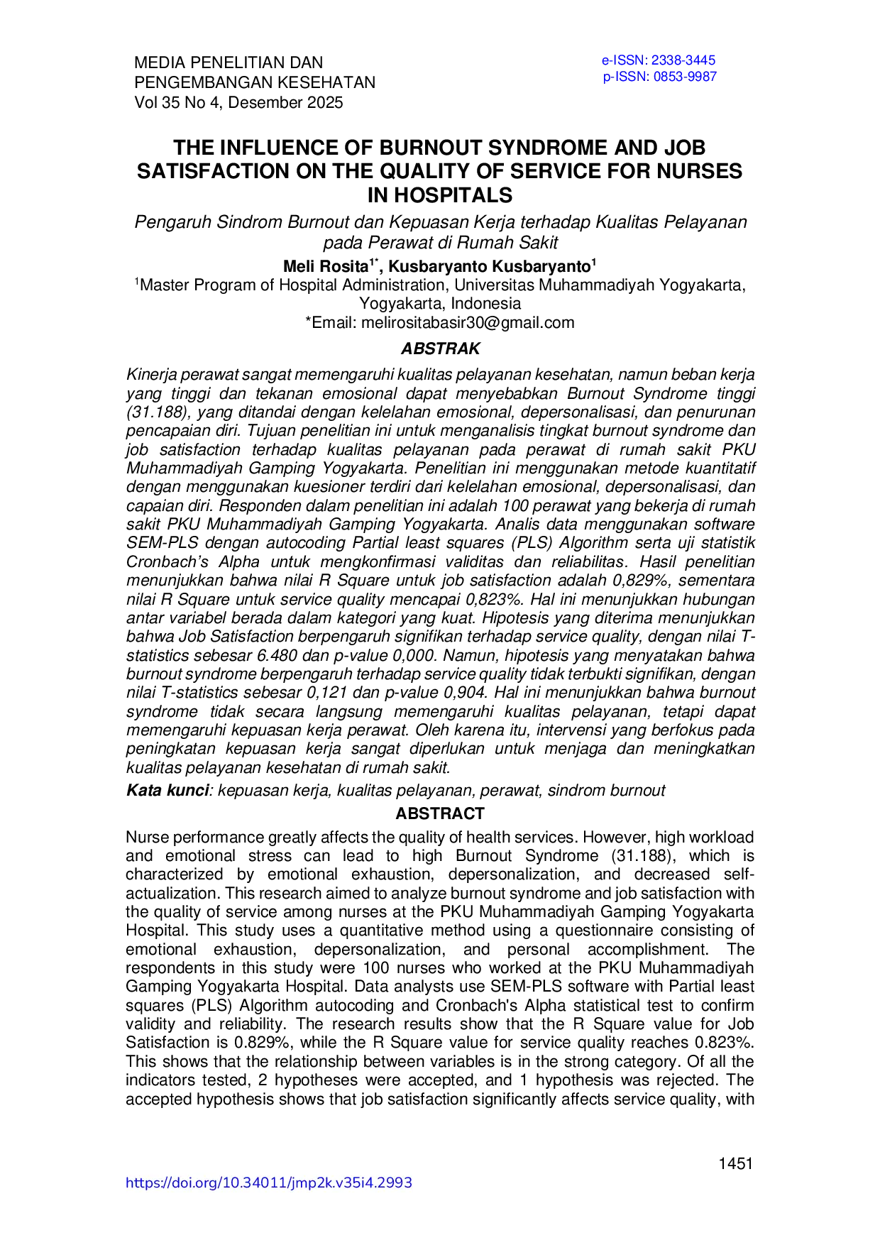 JURIS Pengaruh Sindrom Burnout dan Kepuasan Kerja Terhadap Kualitas Pelayanan Pada Perawat Di Rumah Sakit