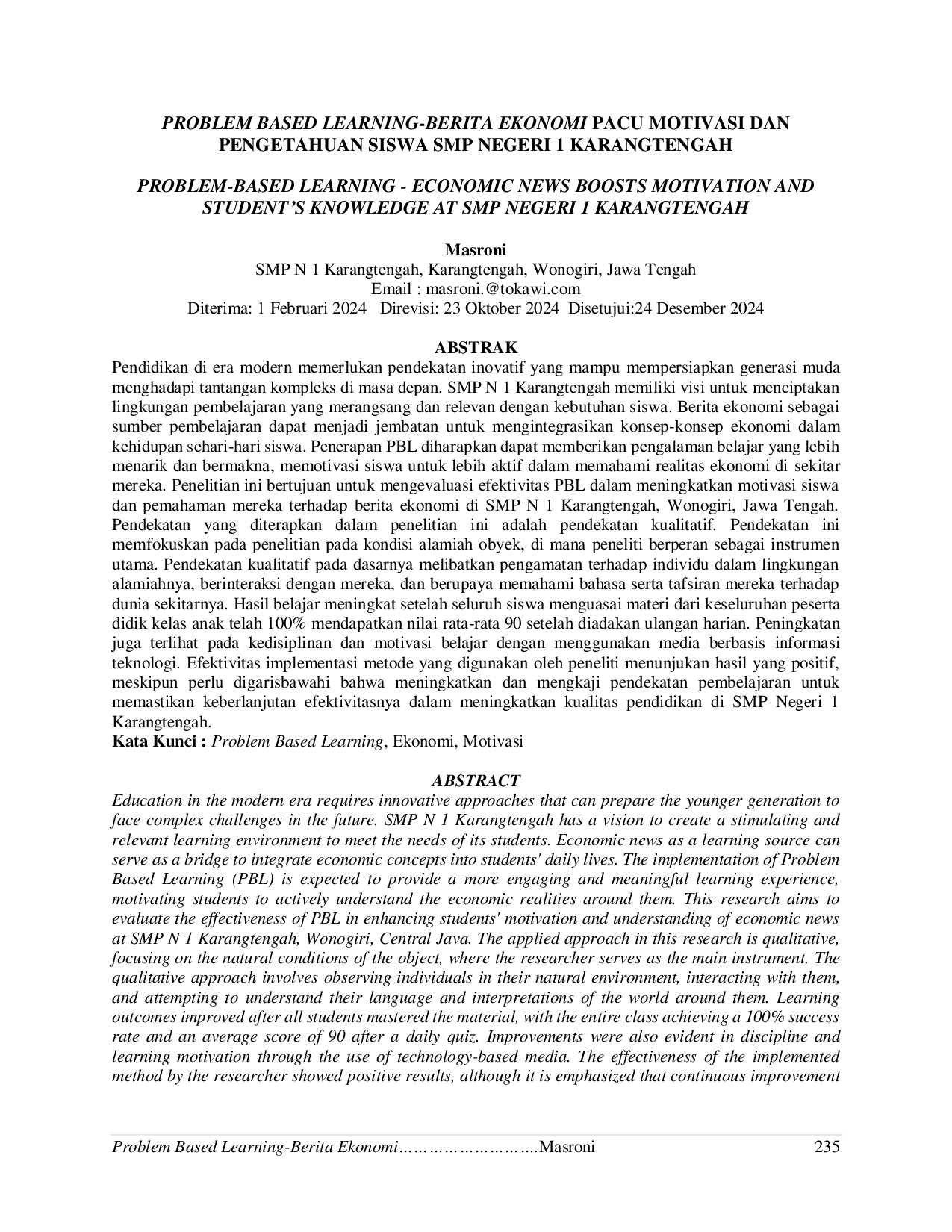 JURIS Problem Based Learning Berita Ekonomi Pacu Motivasi Dan Pengetahuan Siswa Smp Negeri 1 Karangtengah
