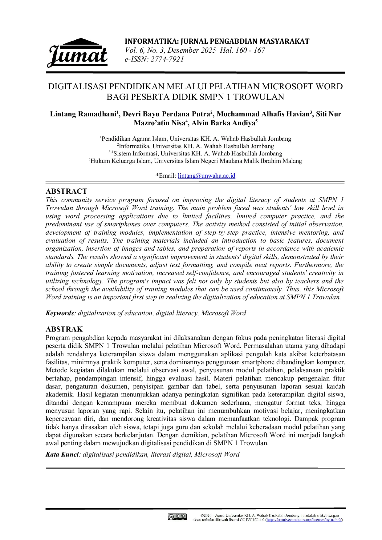 JURIS Digitalisasi Pendidikan Melalui Pelatihan Microsoft Word Bagi Peserta Didik Smpn 1 Trowulan