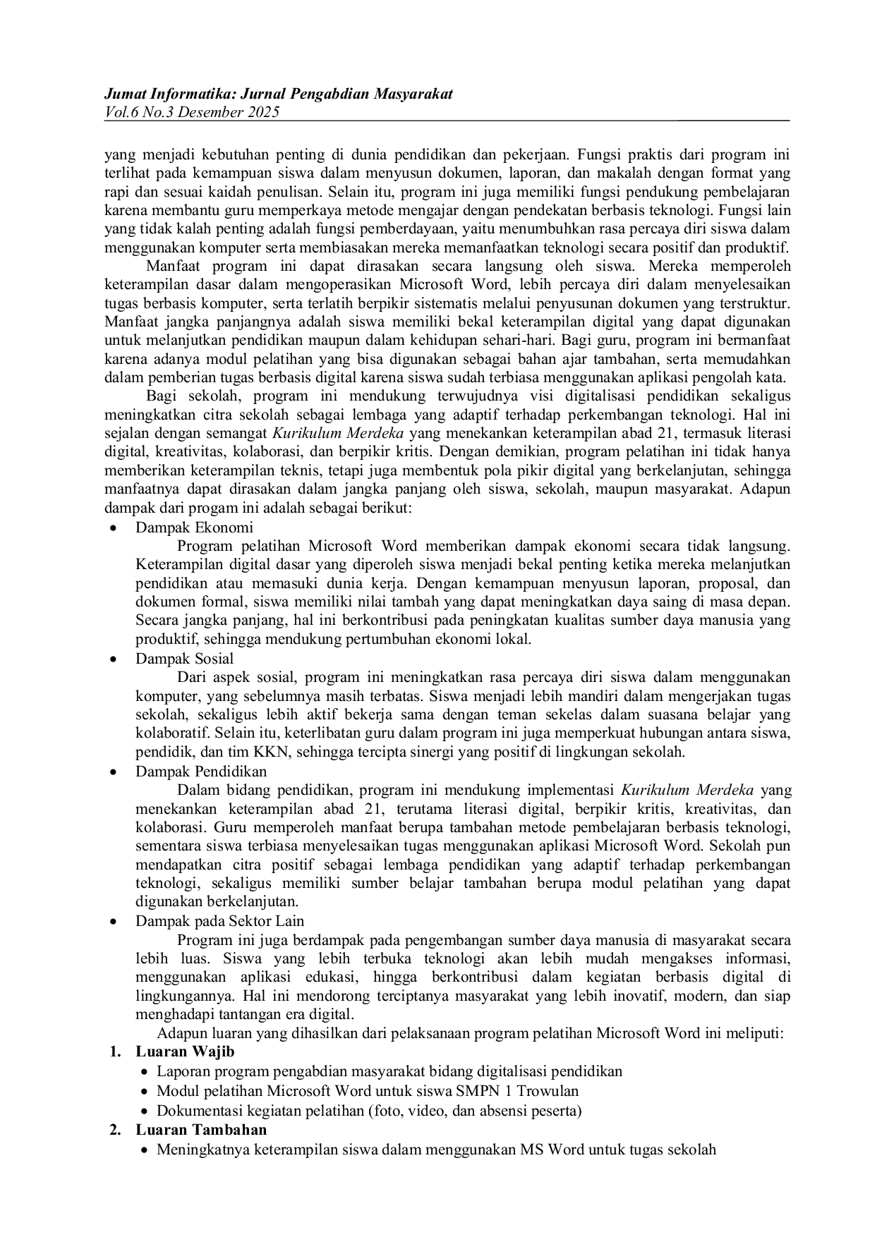 JURIS Digitalisasi Pendidikan Melalui Pelatihan Microsoft Word Bagi Peserta Didik Smpn 1 Trowulan