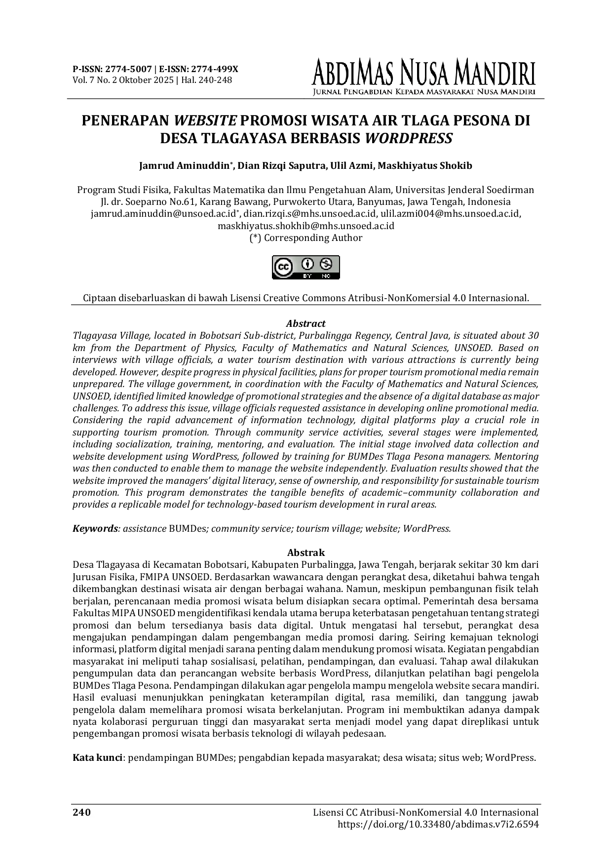 JURIS Penerapan Website Promosi Wisata Air Tlaga Pesona di Desa Tlagayasa Berbasis WordPress