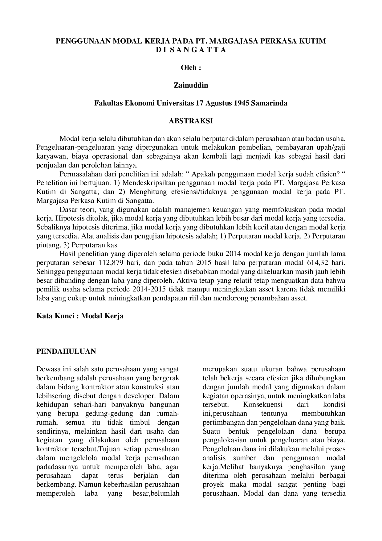 JURIS Penggunaan Modal Kerja pada PT Margajasa Perkasa Kutim