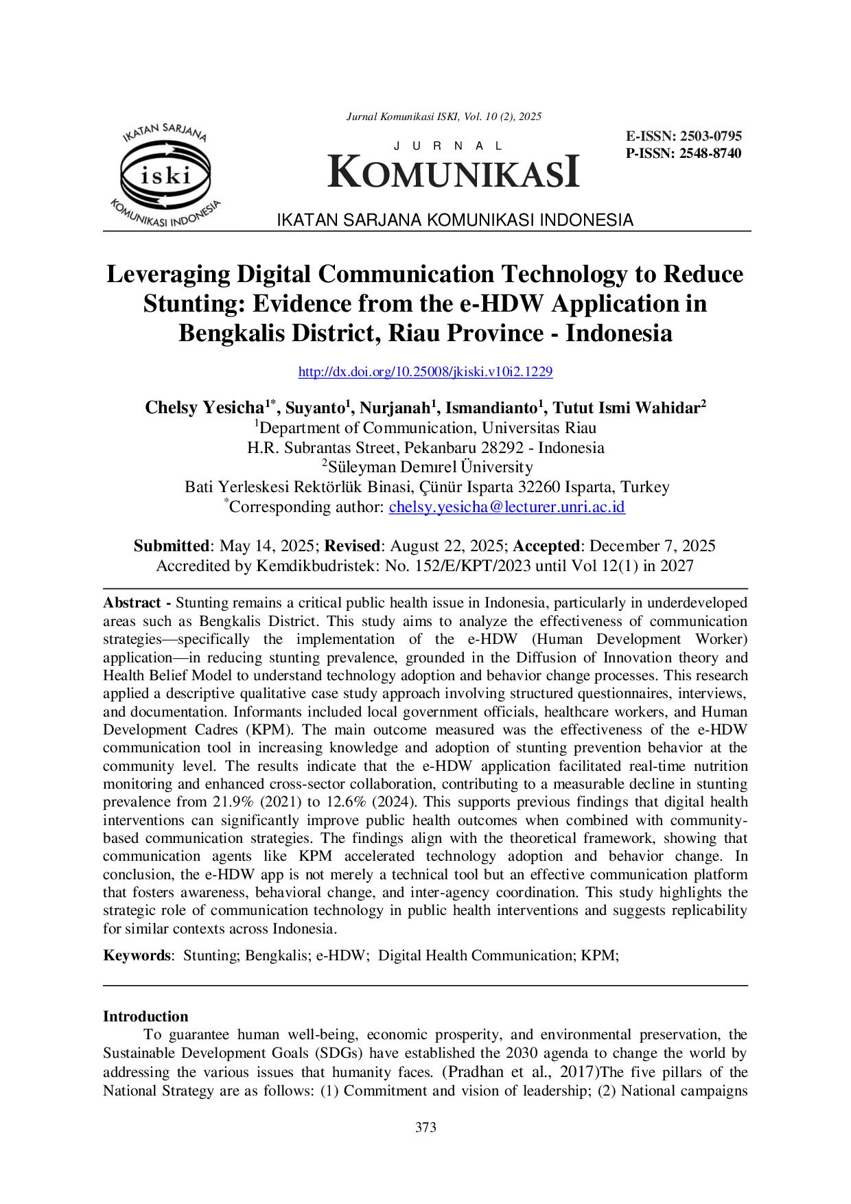 JURIS Leveraging Digital Communication Technology to Reduce Stunting Evidence from the e HDW Application in Bengkalis District Riau Province Indonesia