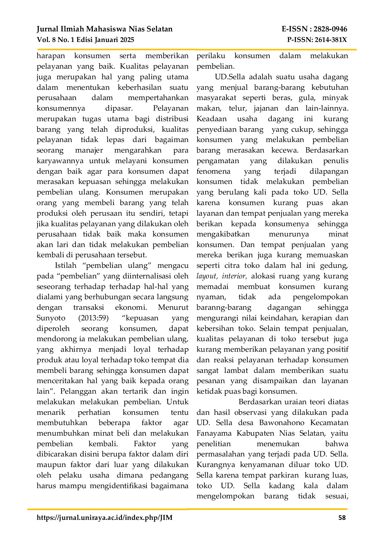 JURIS Pengaruh Suasana Toko Dan Kualitas Pelayanan Terhadap Pembelian Ulang Pada Ud Sella Desa Bawonahono Kecamatan Fanayama Kabupaten Nias Selatan