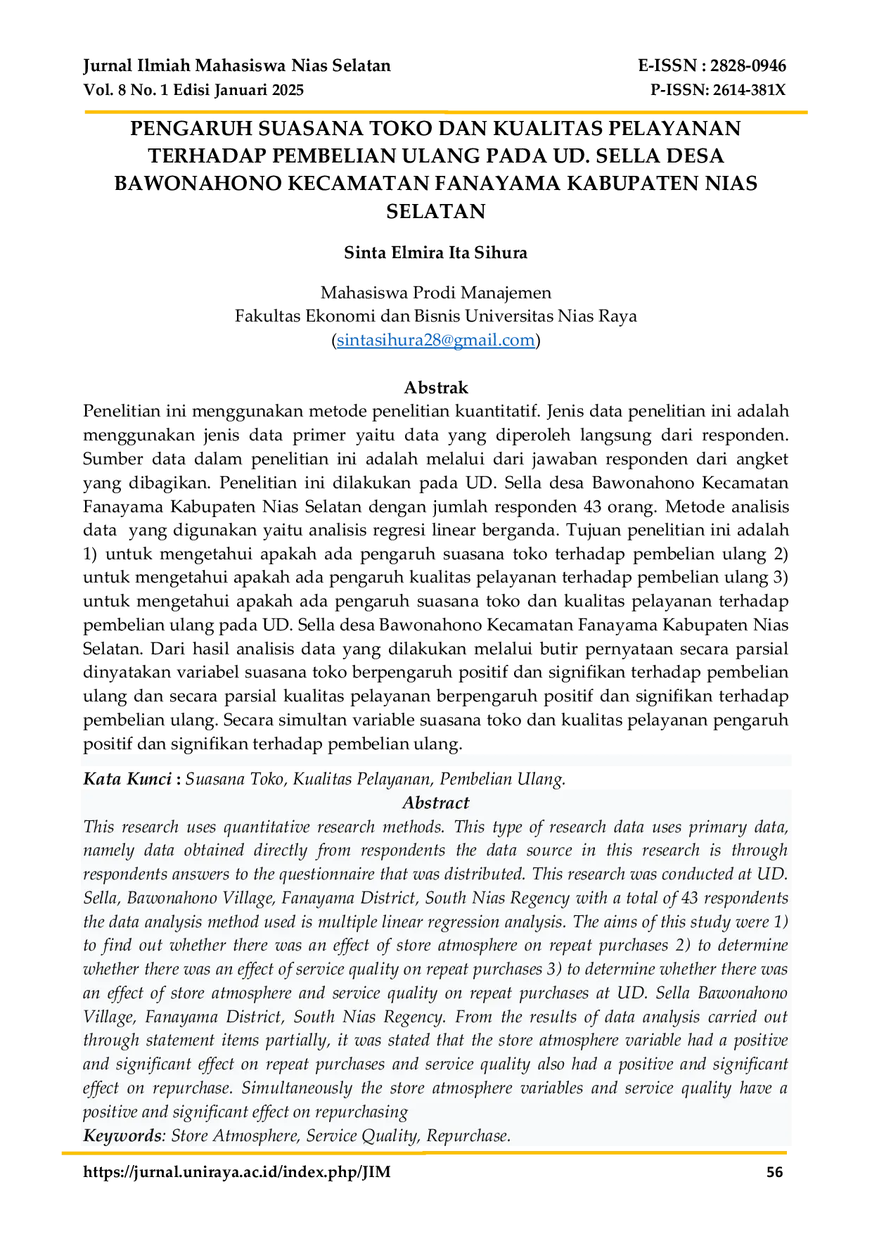 JURIS Pengaruh Suasana Toko Dan Kualitas Pelayanan Terhadap Pembelian Ulang Pada Ud Sella Desa Bawonahono Kecamatan Fanayama Kabupaten Nias Selatan