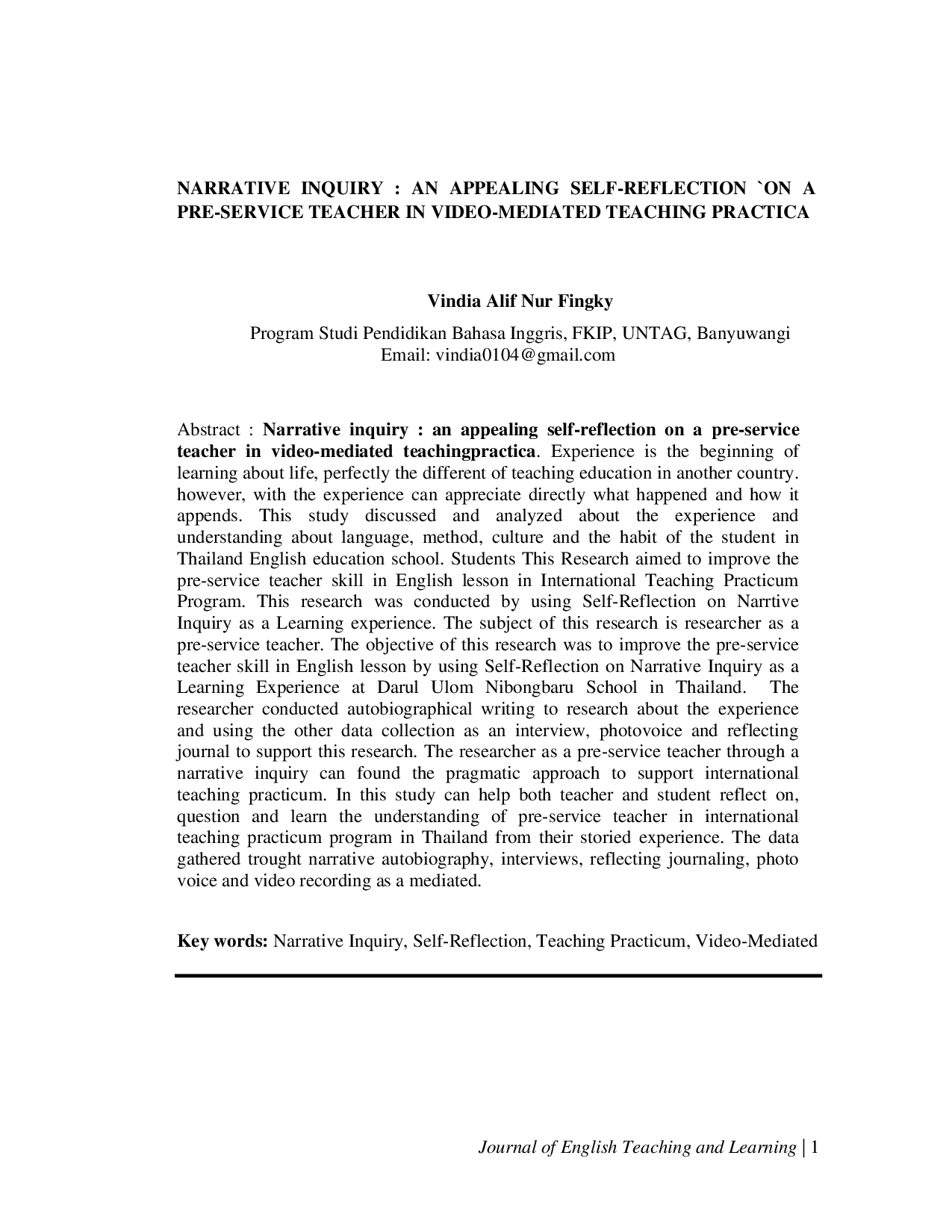 JURIS Narrative Inquiry An Appealing Self Reflection On A Pre Service Teacher In Video Mediated Teaching Practica