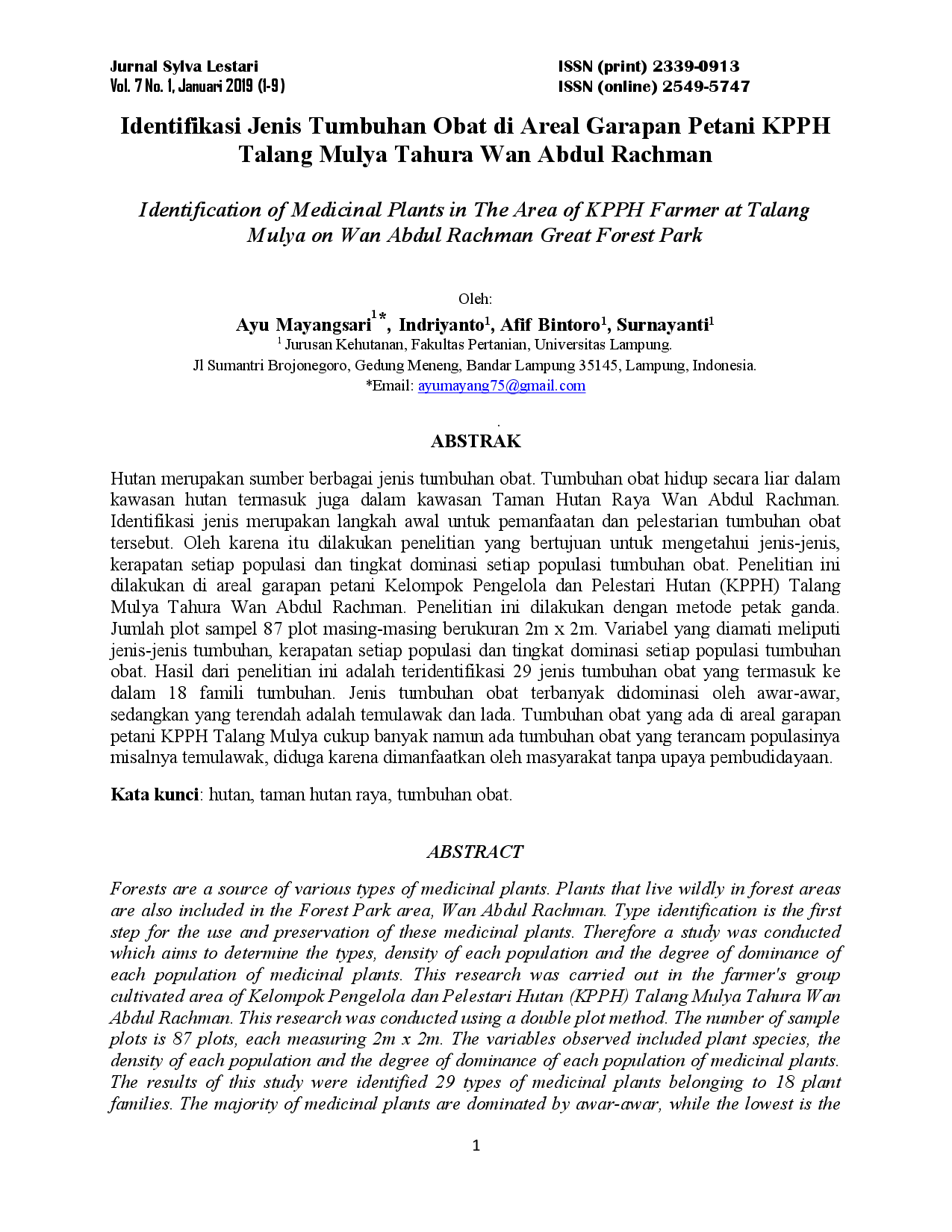 juris Identifikasi Jenis Tumbuhan Obat di Areal Garapan Petani KPPH Talang Mulya Tahura Wan Abdul Rachman Identification of Medicinal Plants in The Area of KPPH Farmer at Talang Mulya on Wan Abdul Rachman