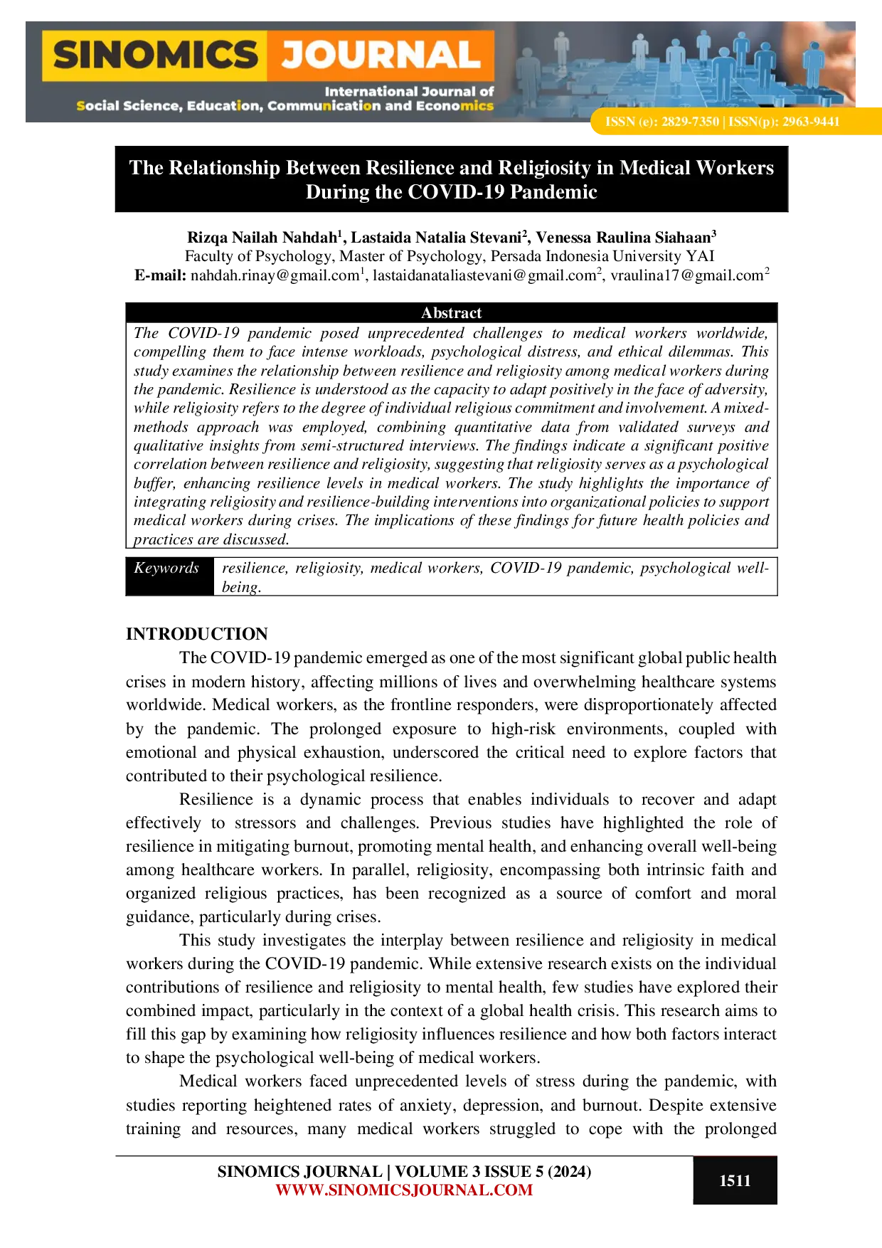 JURIS The Relationship Between Resilience and Religiosity in Medical Workers During the COVID 19 Pandemic