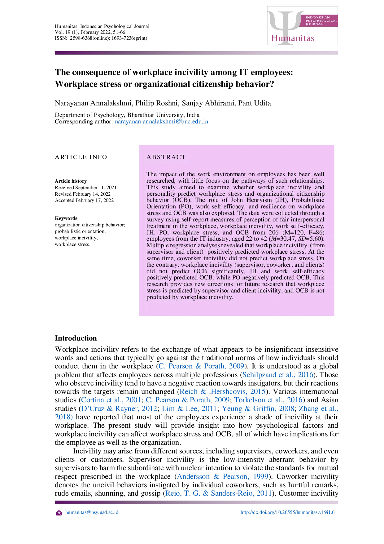 JURIS The consequence of workplace incivility among IT employees Workplace stress or organizational citizenship behavior