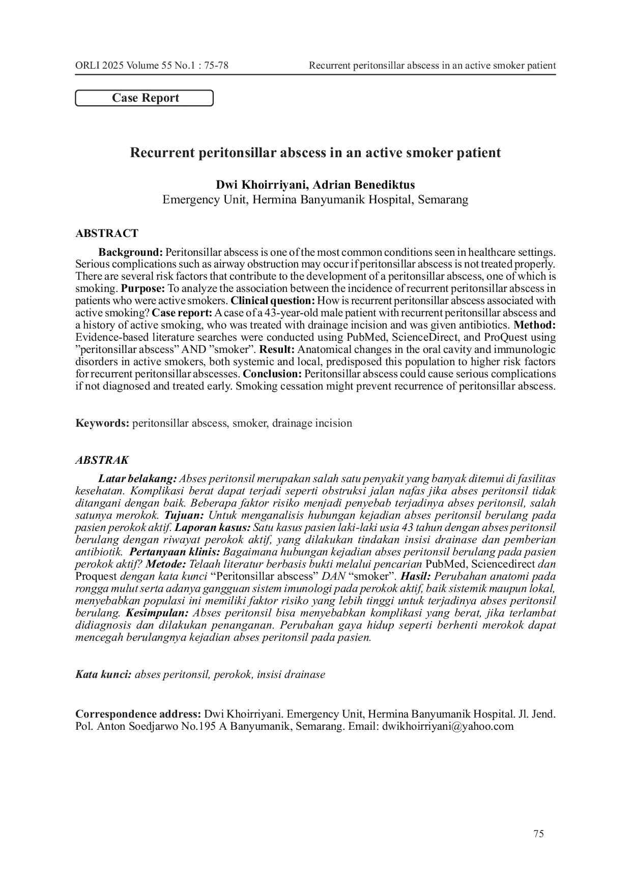 JURIS Recurrent Peritonsillar Abscess In An Active Smoker Patient